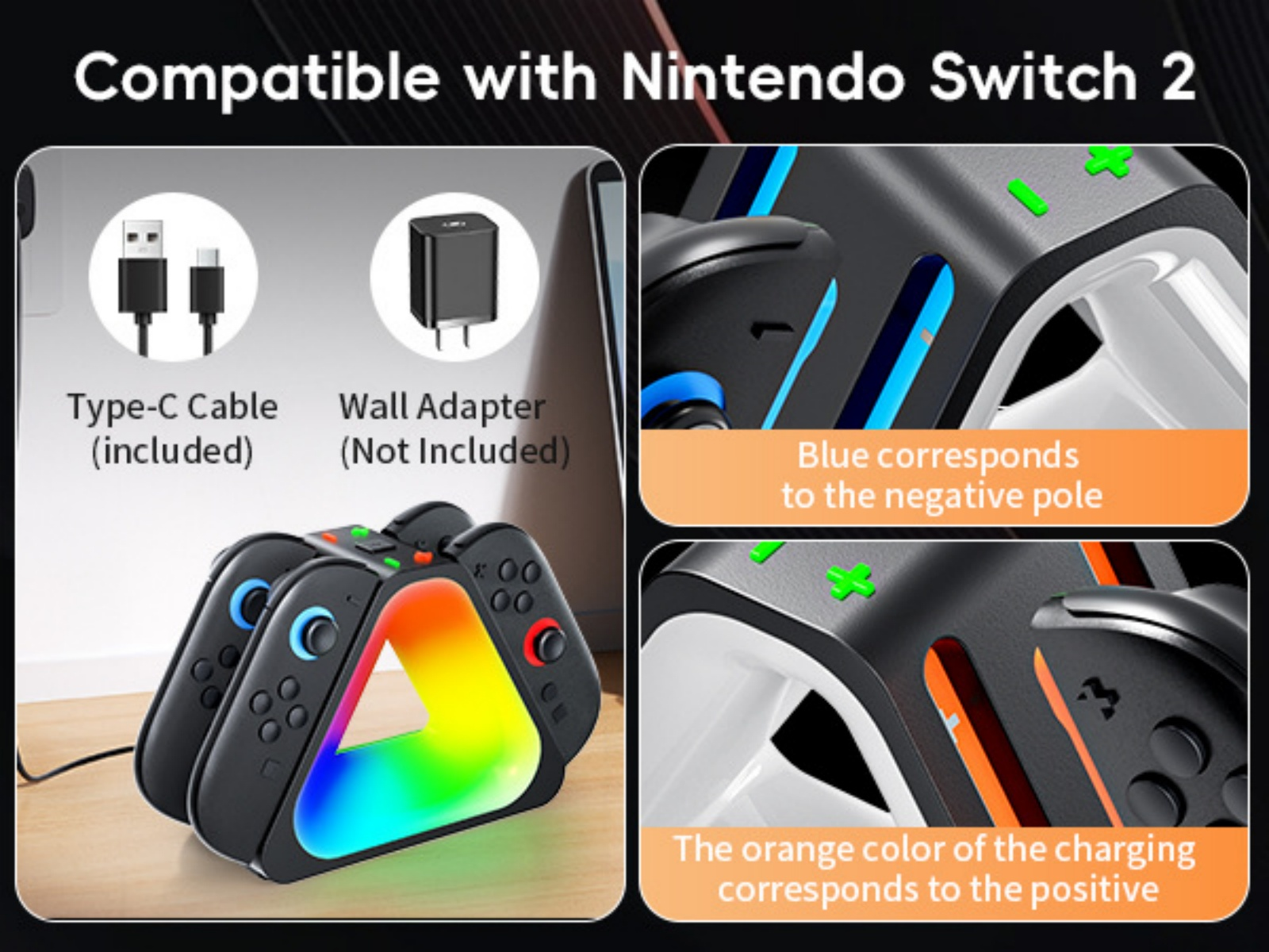 Controller-Ladestation für Nintendo Switch mit RGB-Beleuchtung. Enthält Typ-C-Kabel.