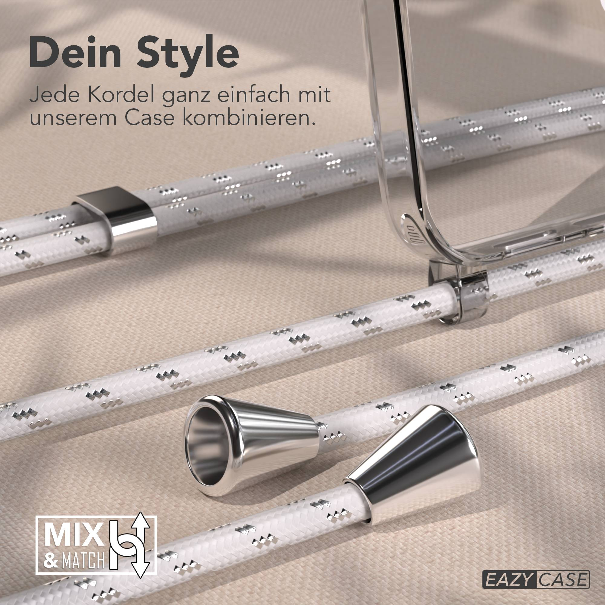 Ein weißes Band mit silbernen Akzenten und Metallenden, mit "MIX & MATCH" Logo.
