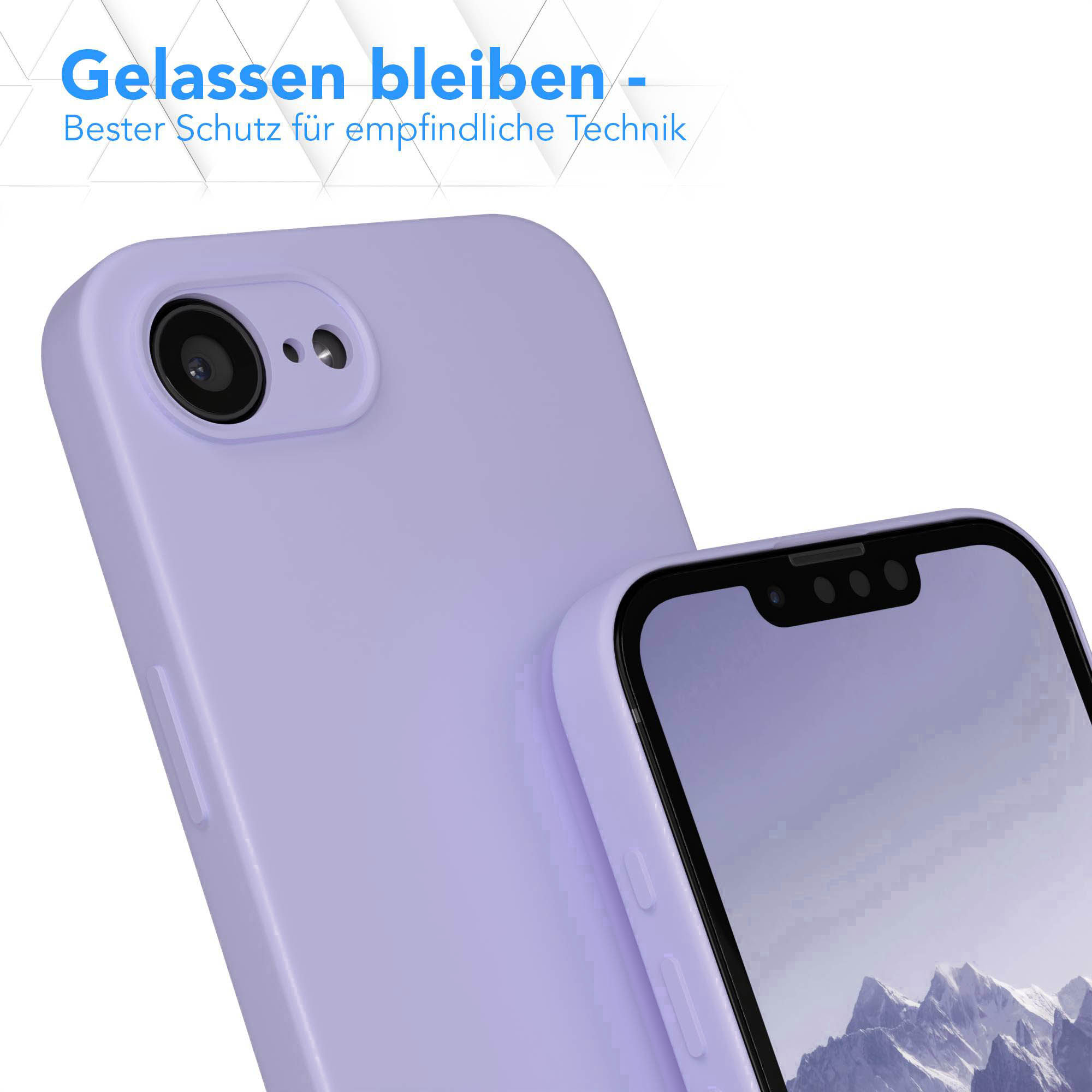 Lila Handyhülle mit Kameraaussparung und Berg-Wallpaper auf dem Display.