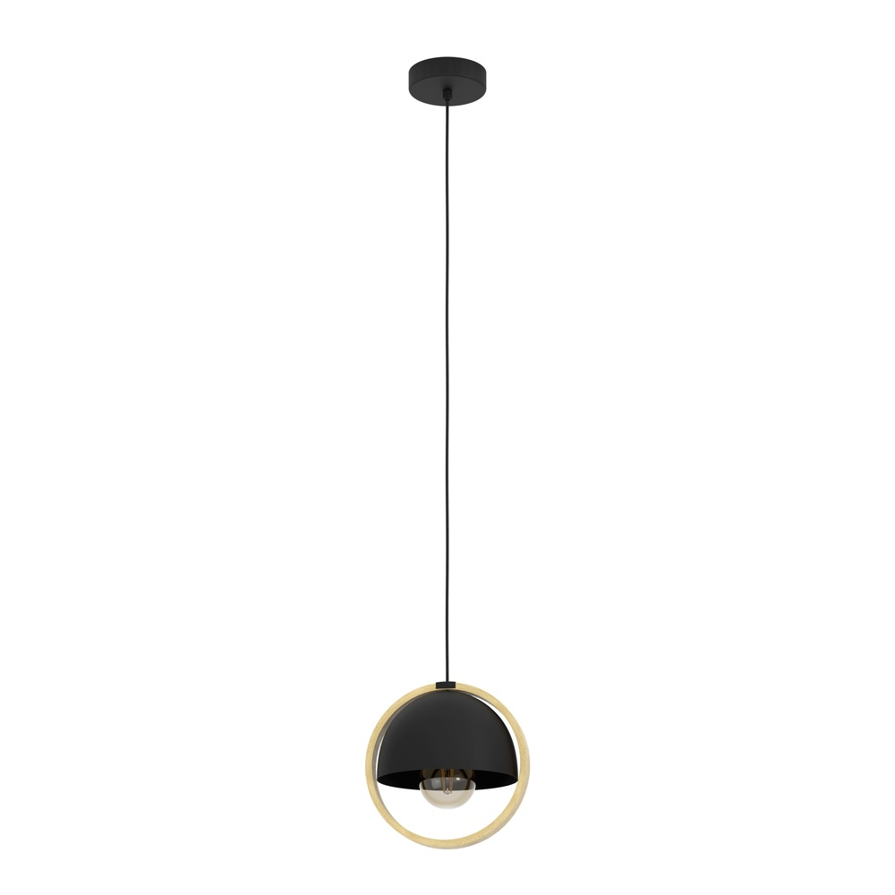 Lampada a sospensione nera con anello in legno e lampadina a vista.
