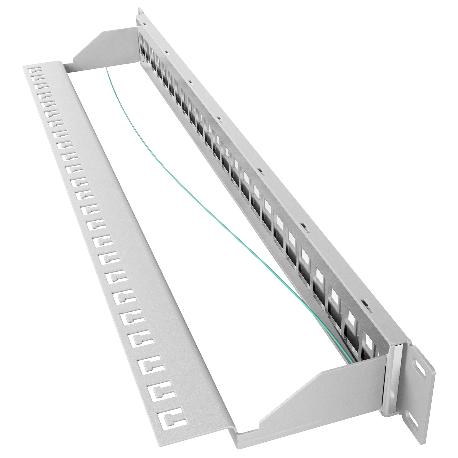 Graues Rack-Panel mit vielen Ausschnitten und einem dünnen, türkisfarbenen Kabel.