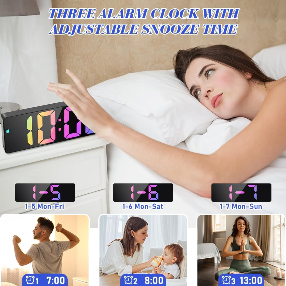Digitale Wecker zeigen 10:00, 1-5 Mo-Fr, 1-6 Mo-Sa, 1-7 Mo-So. Szenen: Mann dehnt sich, Mutter füttert Baby, Frau meditiert.