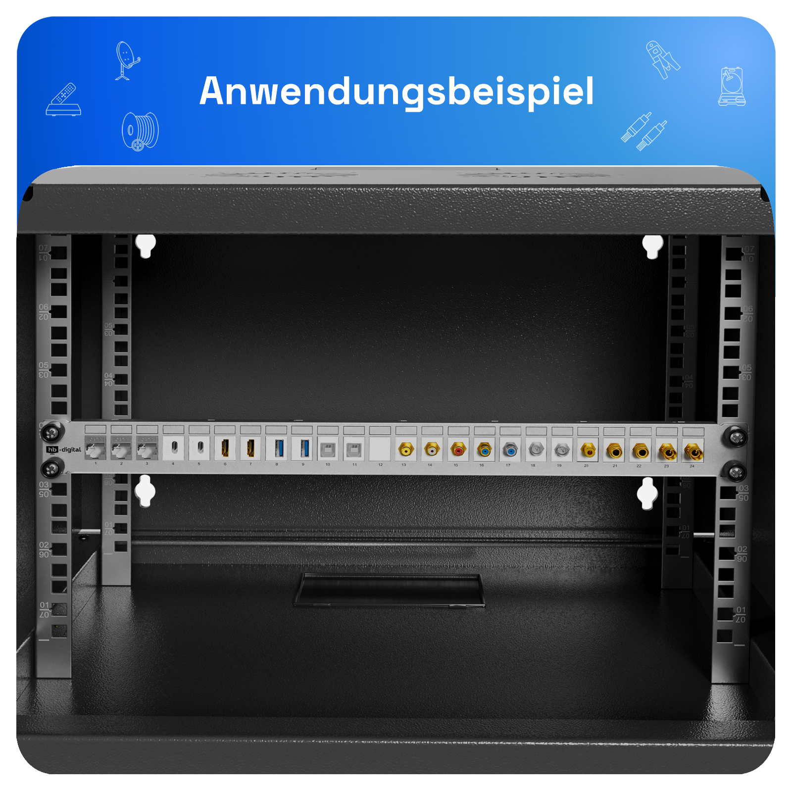 Ein offenes Rack mit vielen Anschlussbuchsen, darunter HDMI, USB und Koaxial.