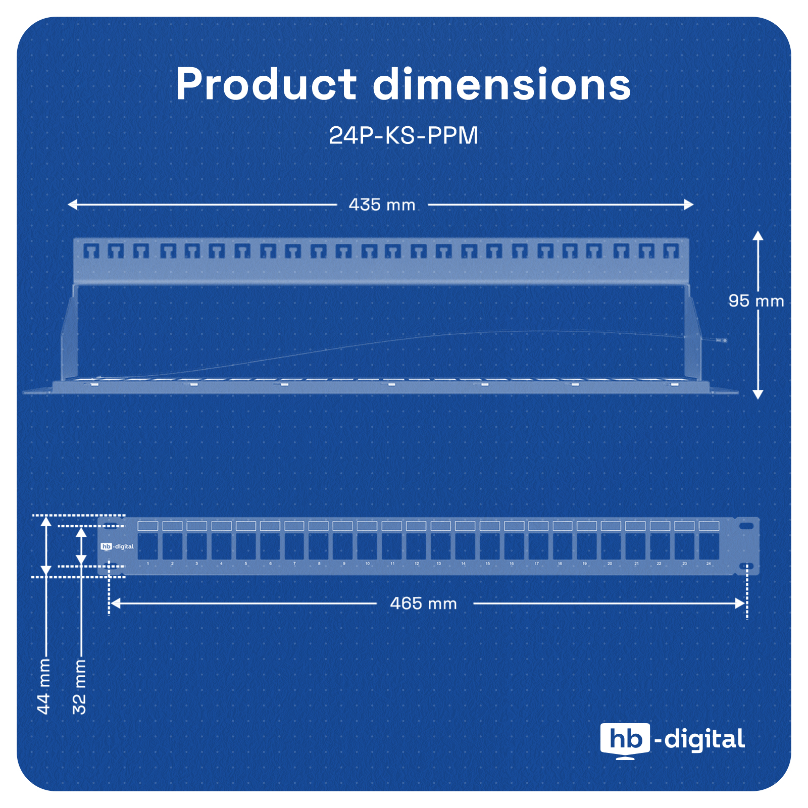 Diagramm mit Produktabmessungen: 435mm Breite, 95mm Höhe, 465mm Breite, 44mm & 32mm Höhe.