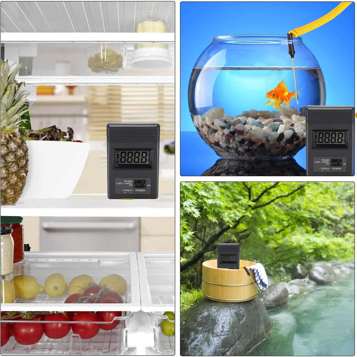 Ein Thermometer in einem Kühlschrank, einem Aquarium und einer heißen Quelle.