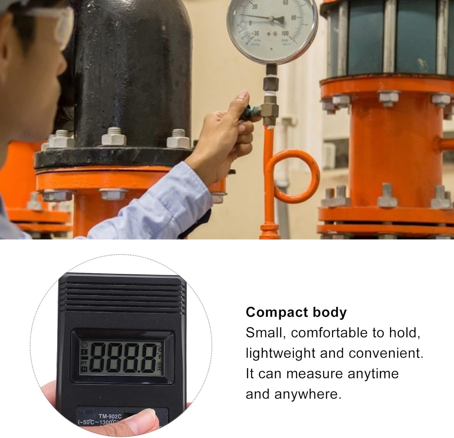 Mann stellt Ventil an Industrierohren mit Manometer ein. Digitales Thermometer gezeigt.