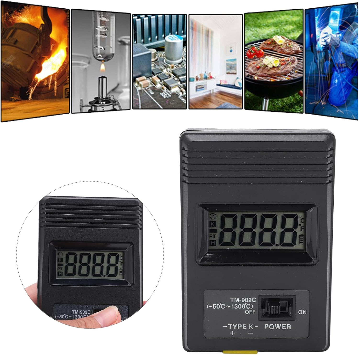 Ein schwarzes Thermometer mit digitaler Anzeige und Tasten wird gezeigt.