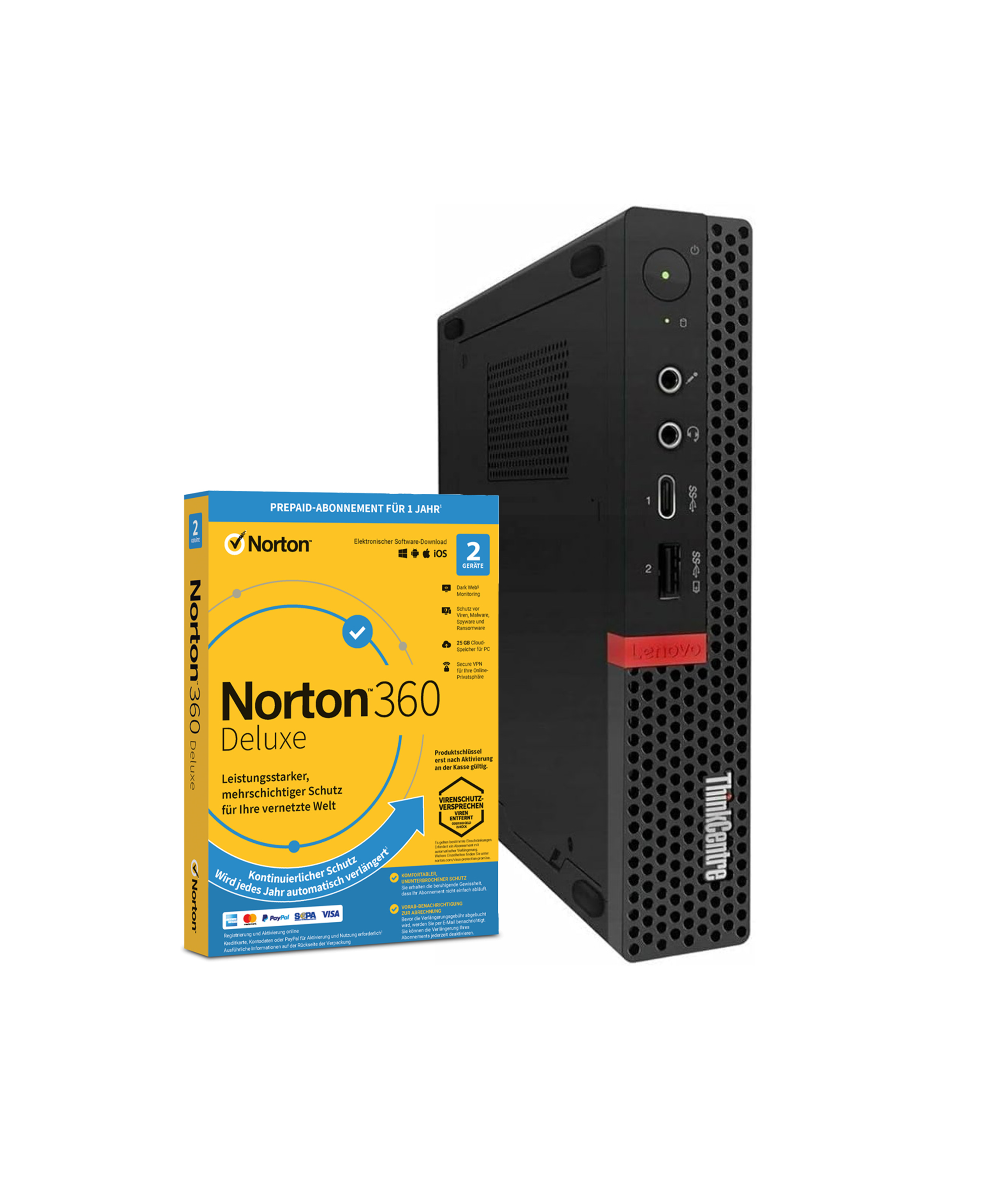 Komputer Lenovo ThinkCentre obok pudełka Norton 360 Deluxe z funkcjami ochrony.