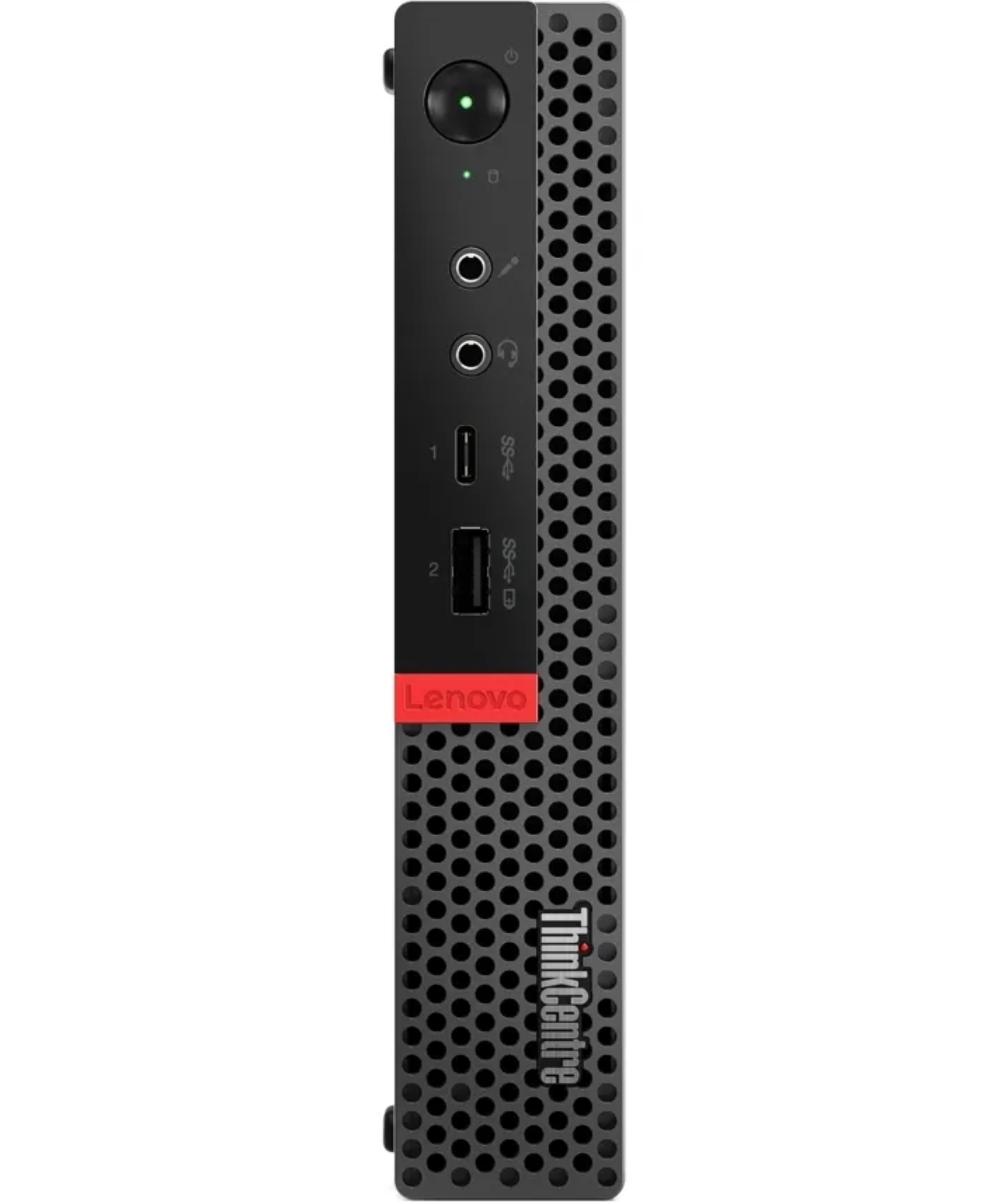 Czarny komputer Lenovo ThinkCentre z otworami wentylacyjnymi i portami.
