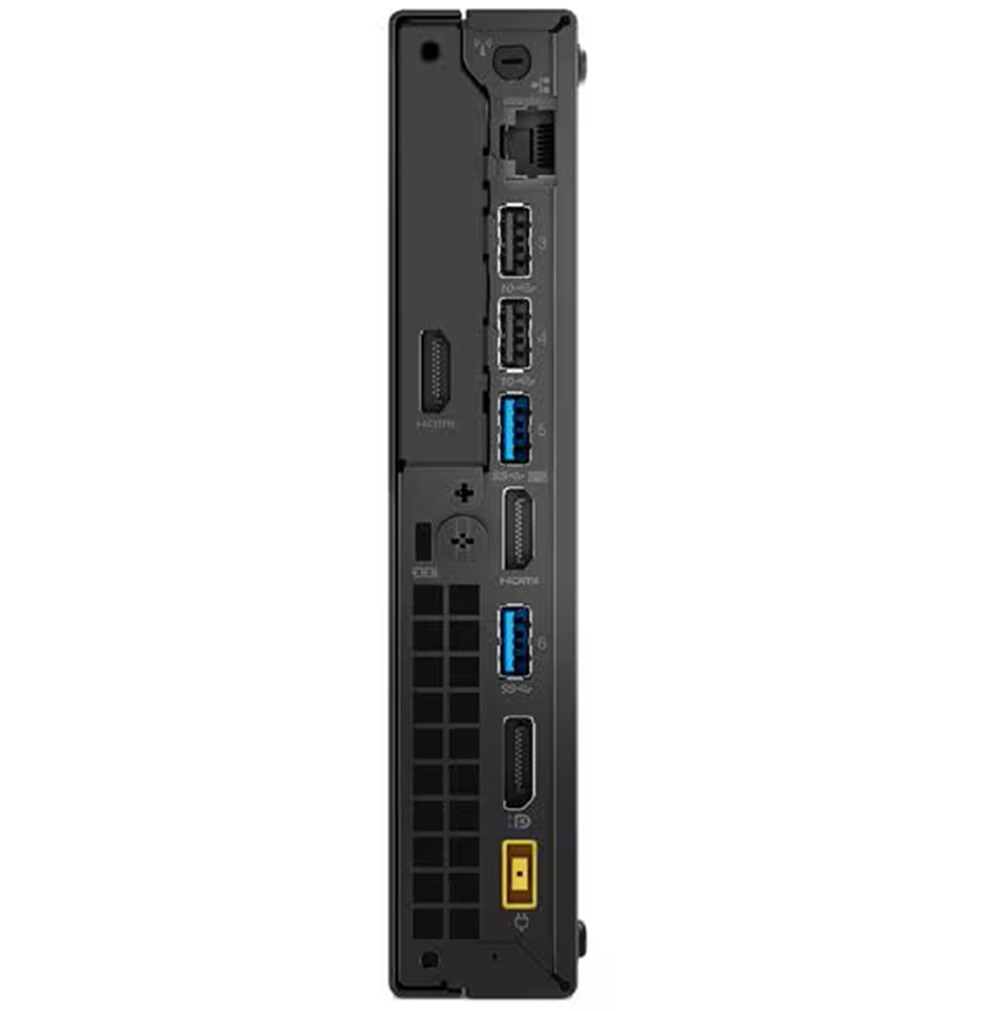 Czarny mini PC z portami HDMI, USB i Ethernet z boku.