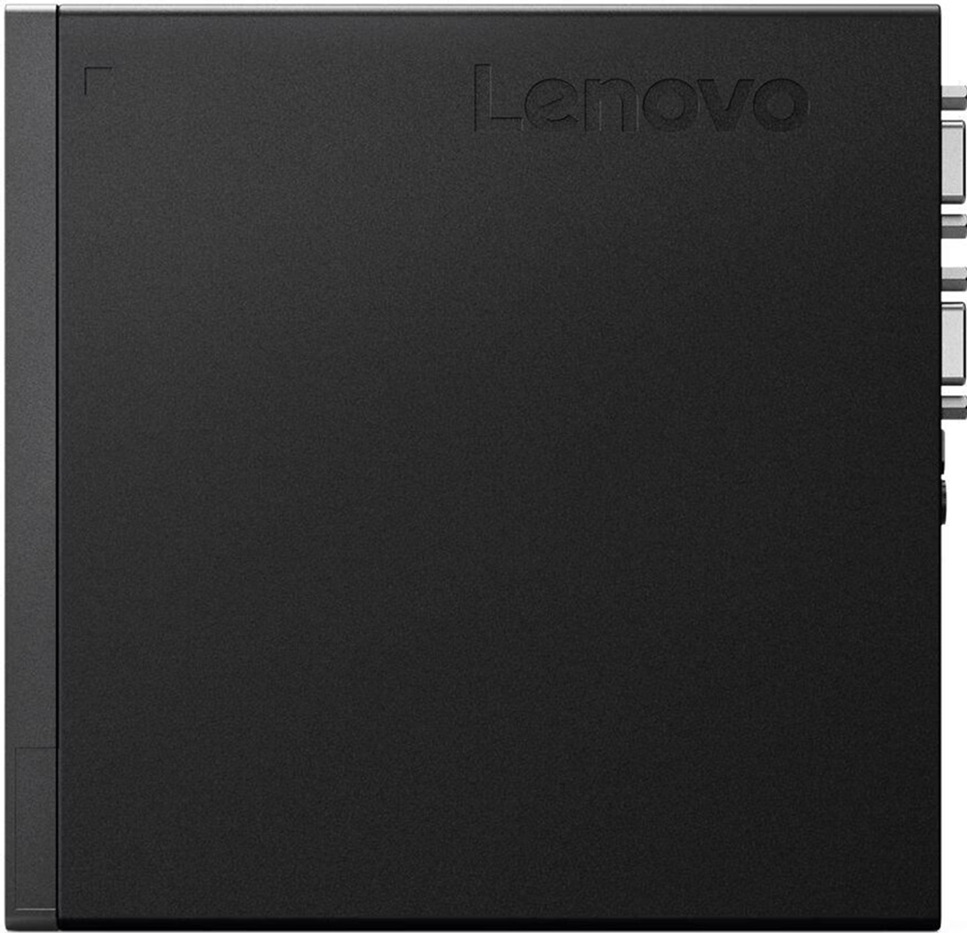 Ein schwarzer Lenovo Desktop-Tower von der Seite, mit Anschlüssen rechts.