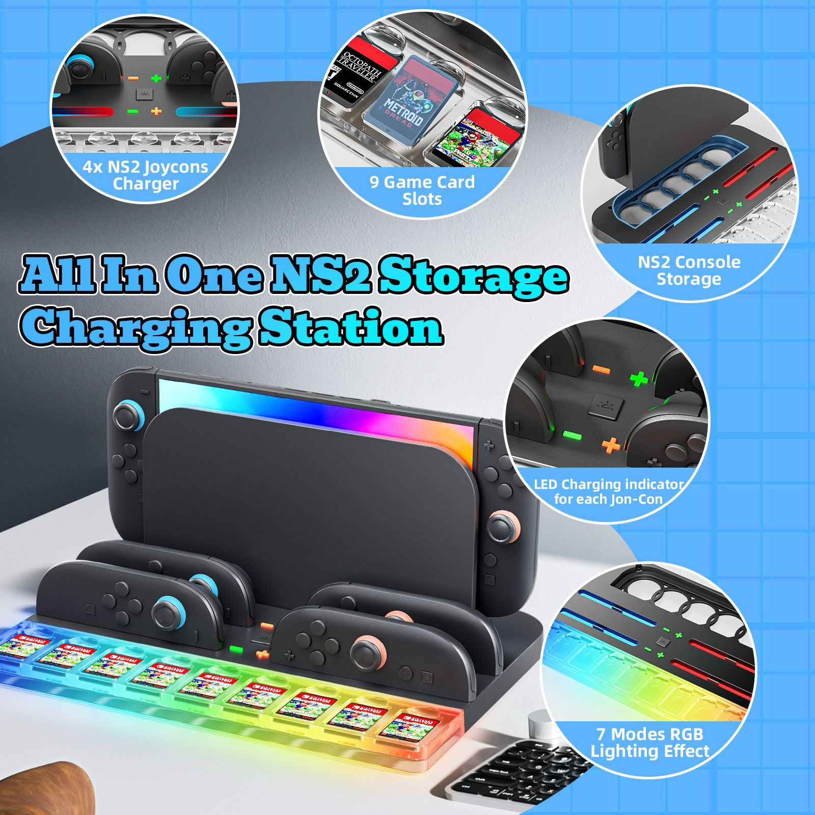 NS2-Ladestation mit Joycon-Ladegerät, Spielsteckplätzen, Konsolenspeicher & RGB-Beleuchtung.