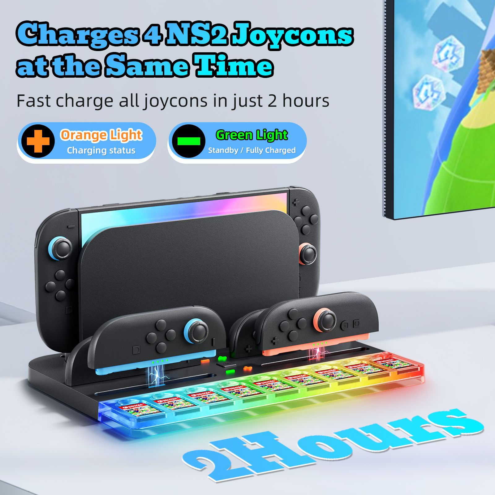 Ladebox für 4 Joycons mit beleuchteten Spielkartenfächern. Oranger Knopf für Ladestatus.