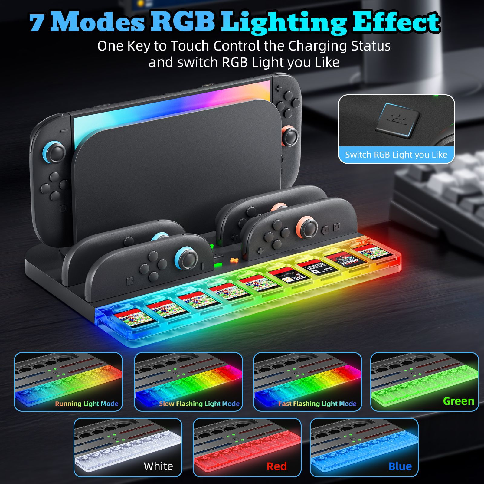 Ladestation für Nintendo Switch mit RGB-Beleuchtung und Controller-Halterung.