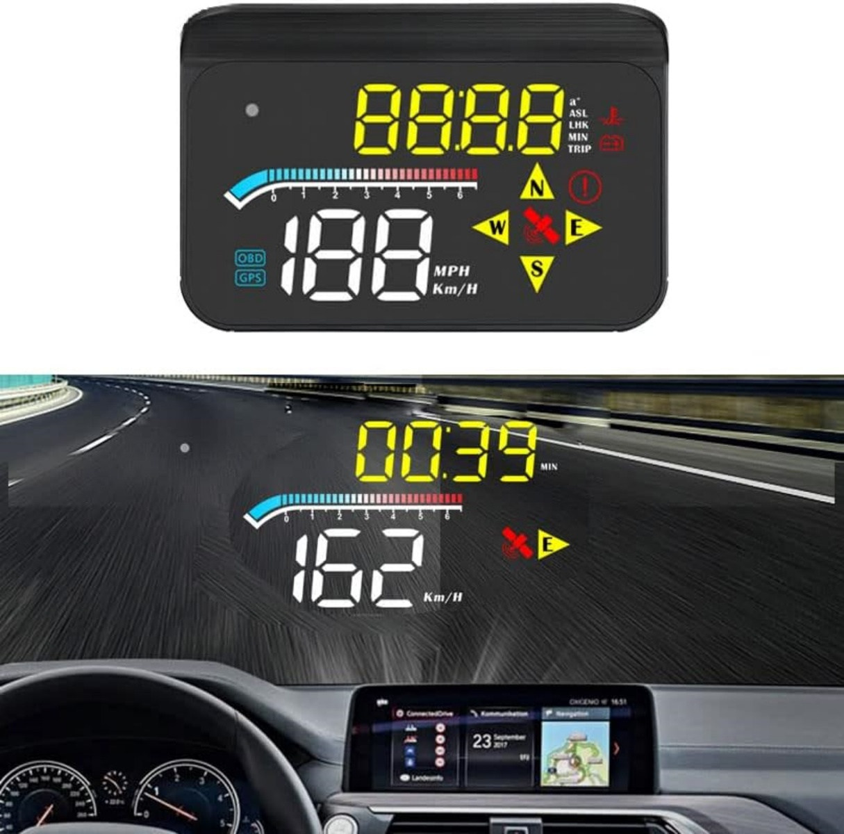 Head-up-Display im Auto zeigt Geschwindigkeit 162 Km/H und Uhrzeit 00:39.