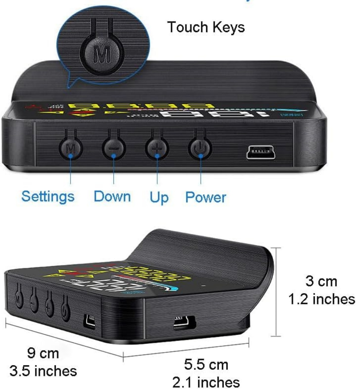 Schwarzes elektronisches Gerät mit Touch-Tasten und Display. Maße angegeben.