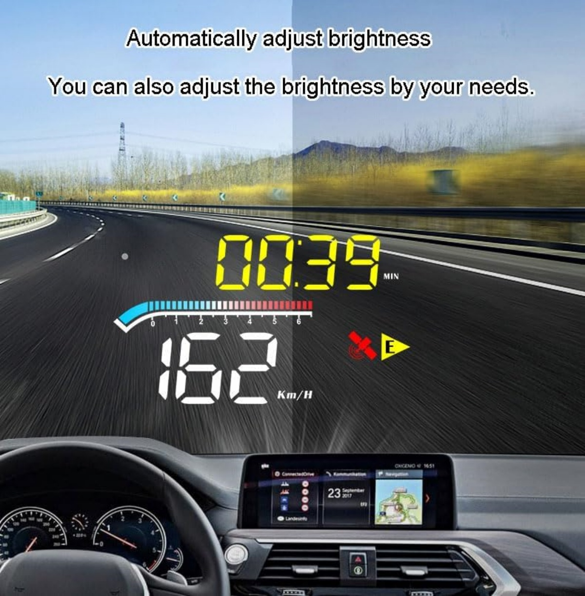 Auto-Head-Up-Display zeigt Geschwindigkeit 162 km/h, Zeit 00:39 und Navigation.