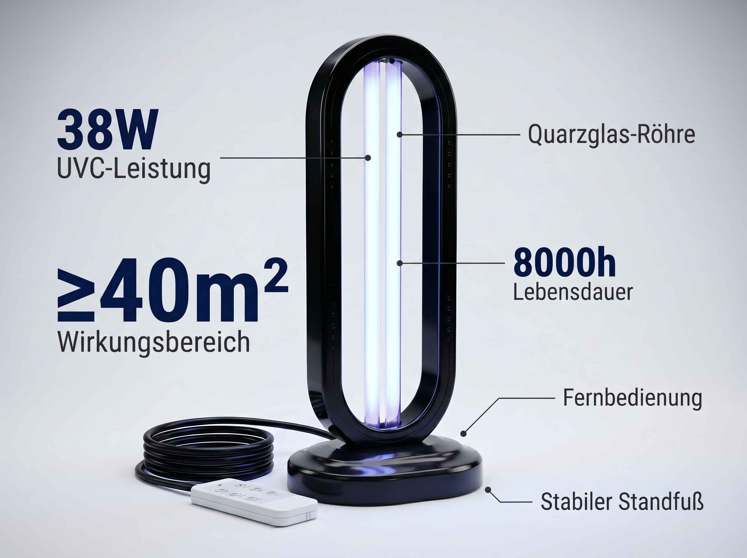 Ein schwarzes UVC-Desinfektionslicht mit Fernbedienung, 38W Leistung.