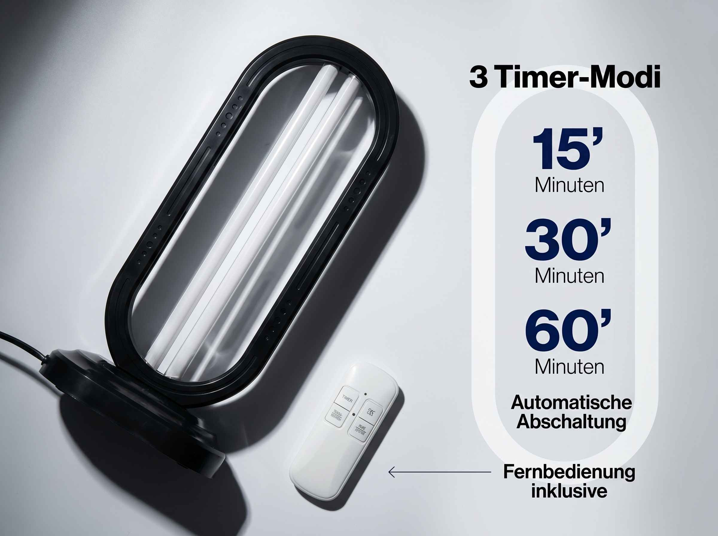 Eine Lampe mit Fernbedienung, die Timer-Modi anzeigt.
