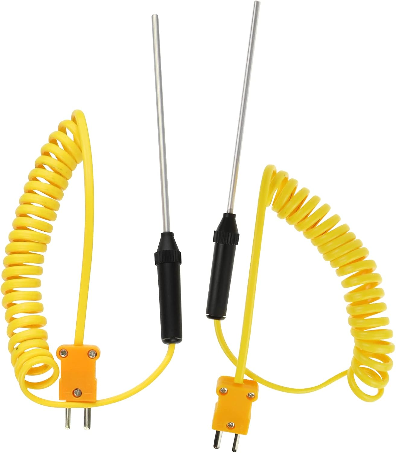 Zwei gelbe Spiralkabel mit silbernen Sonden und schwarzen Griffen auf weißem Hintergrund.