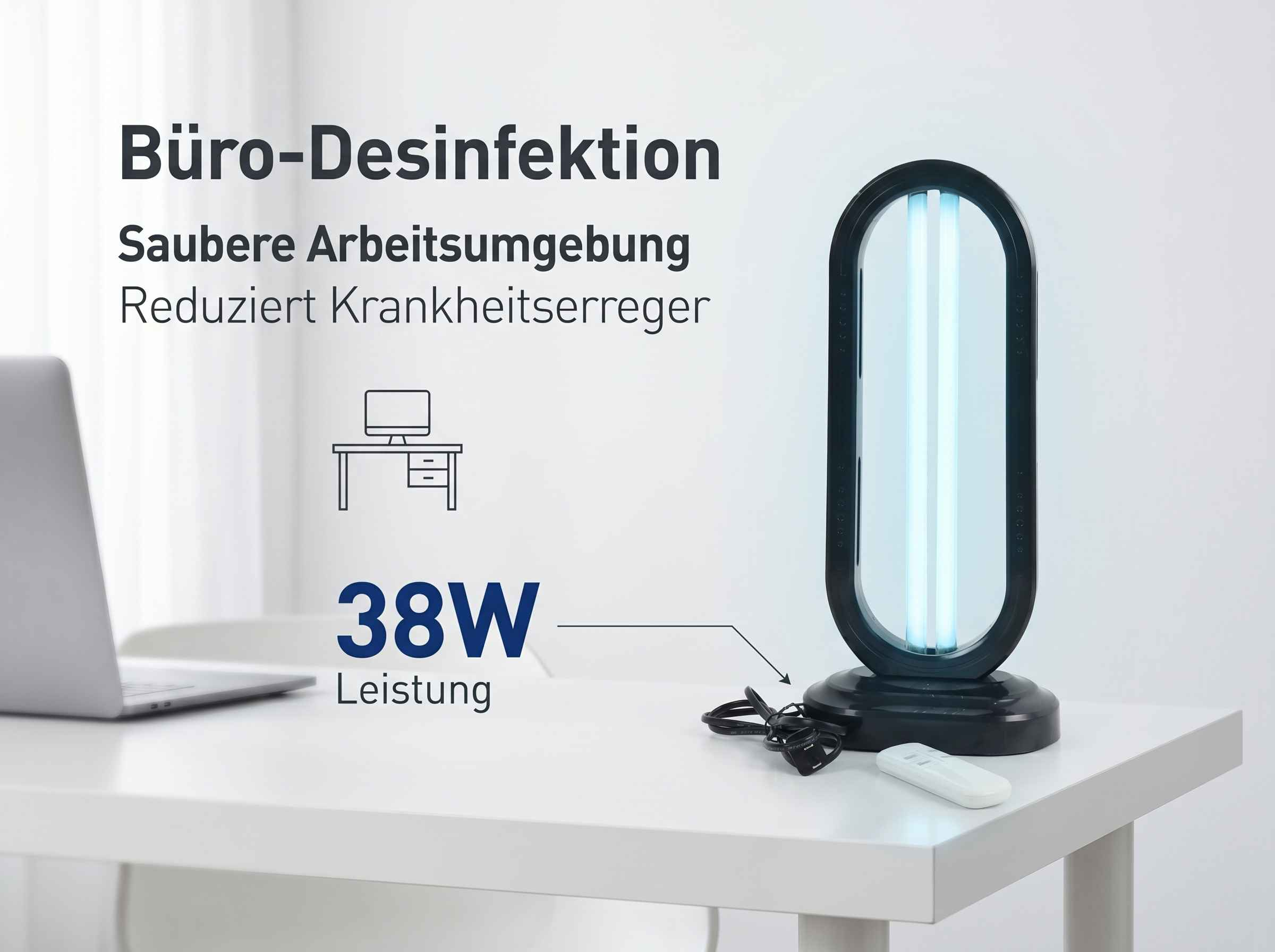 Ein UV-Desinfektionsgerät mit Fernbedienung steht auf einem Schreibtisch neben einem Laptop.