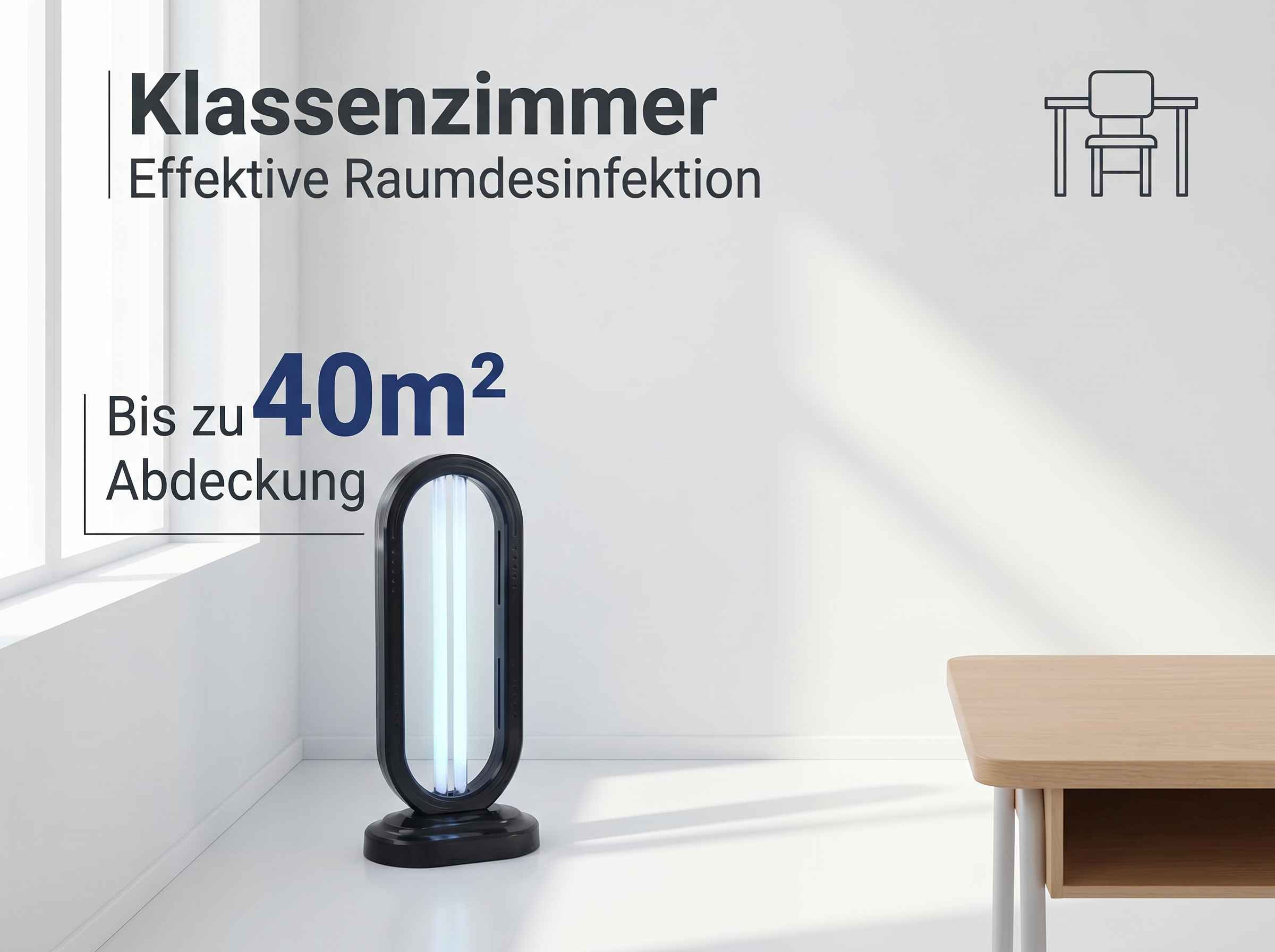 Ein Desinfektionsgerät im Klassenzimmer mit einer Abdeckung von 40m².