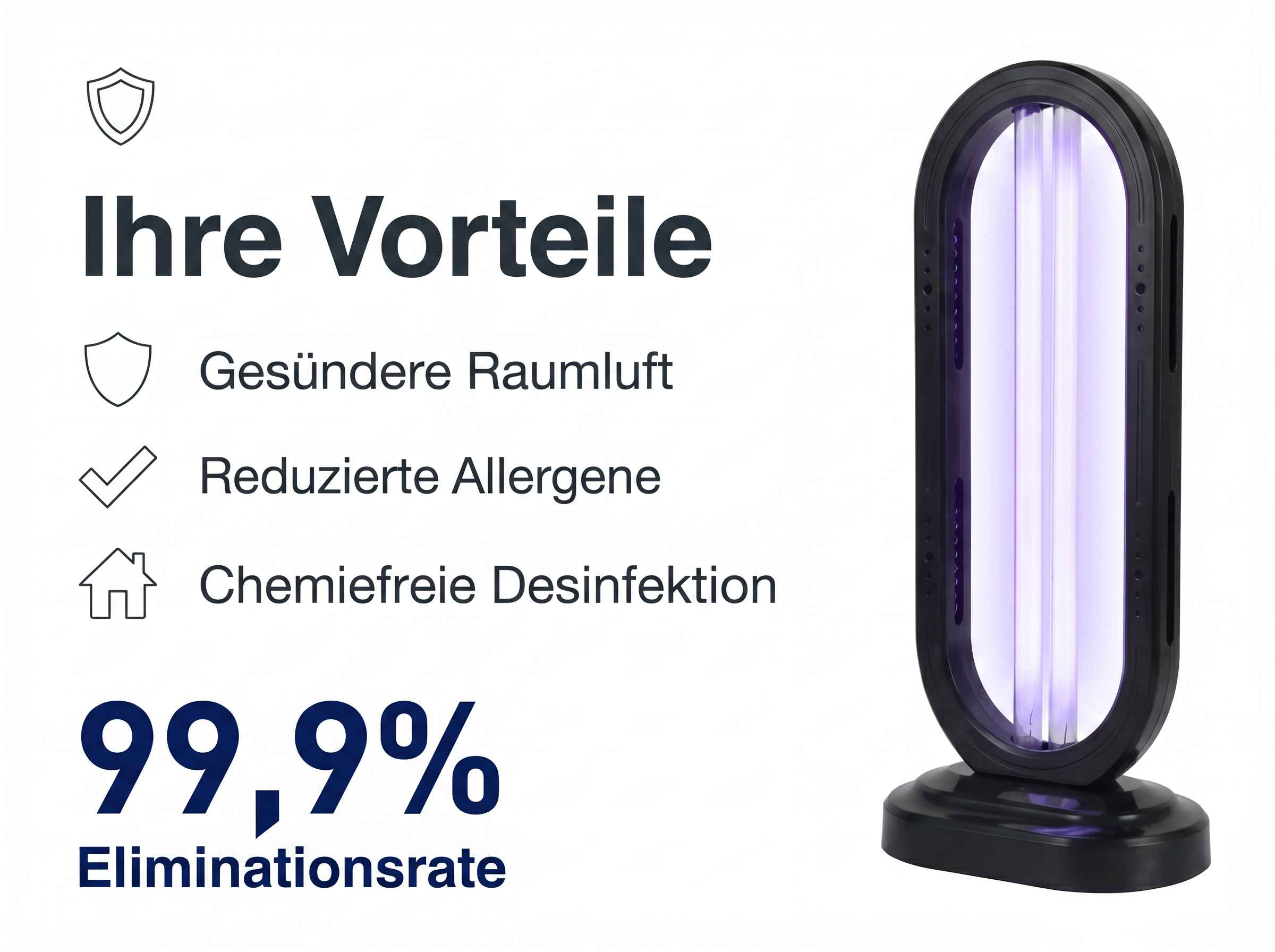 Ein UV-Desinfektionsgerät mit lila Licht und Text über Vorteile.