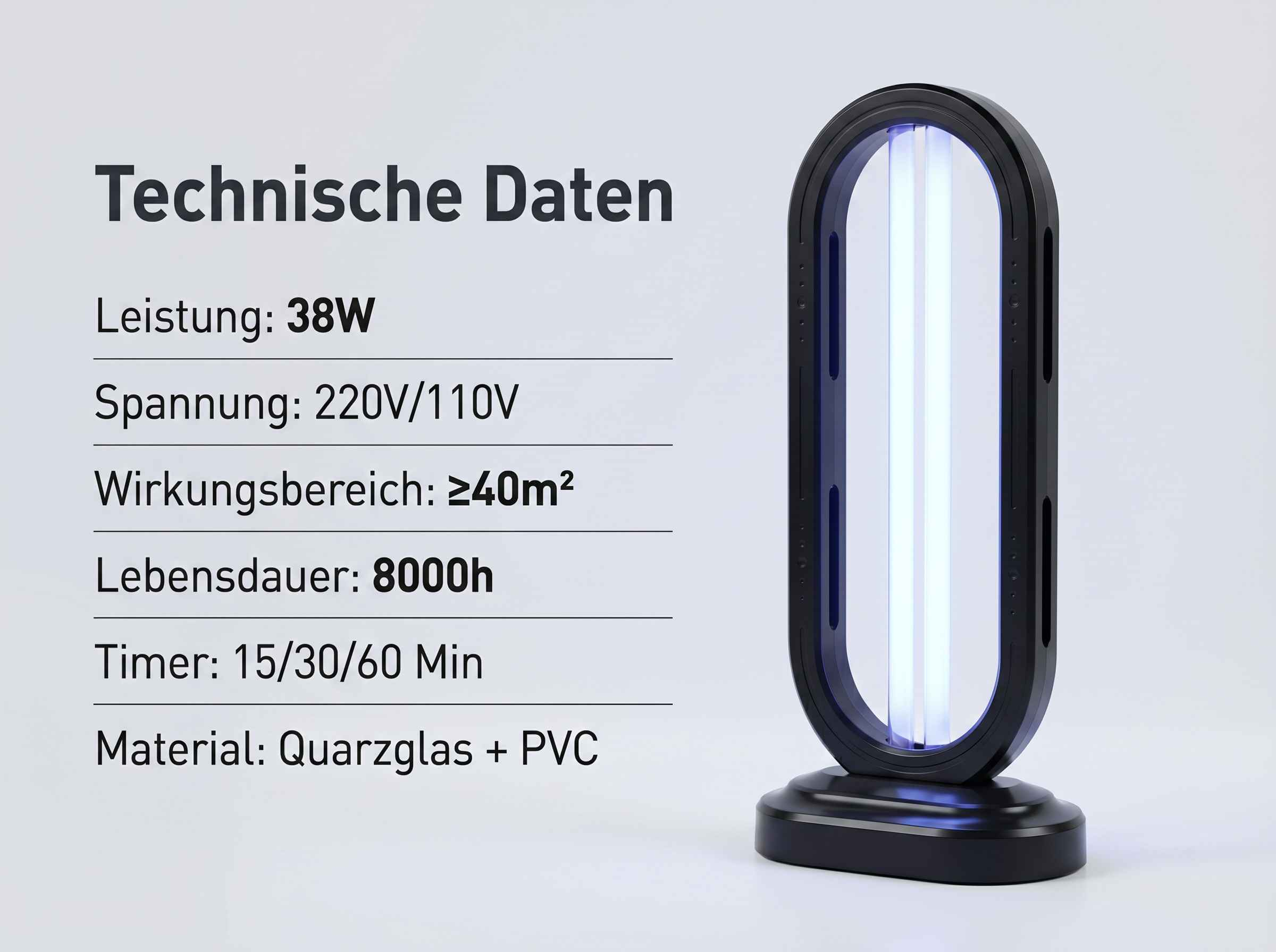 Technische Daten: 38W, 220/110V, 40m² Bereich, 8000h Lebensdauer.