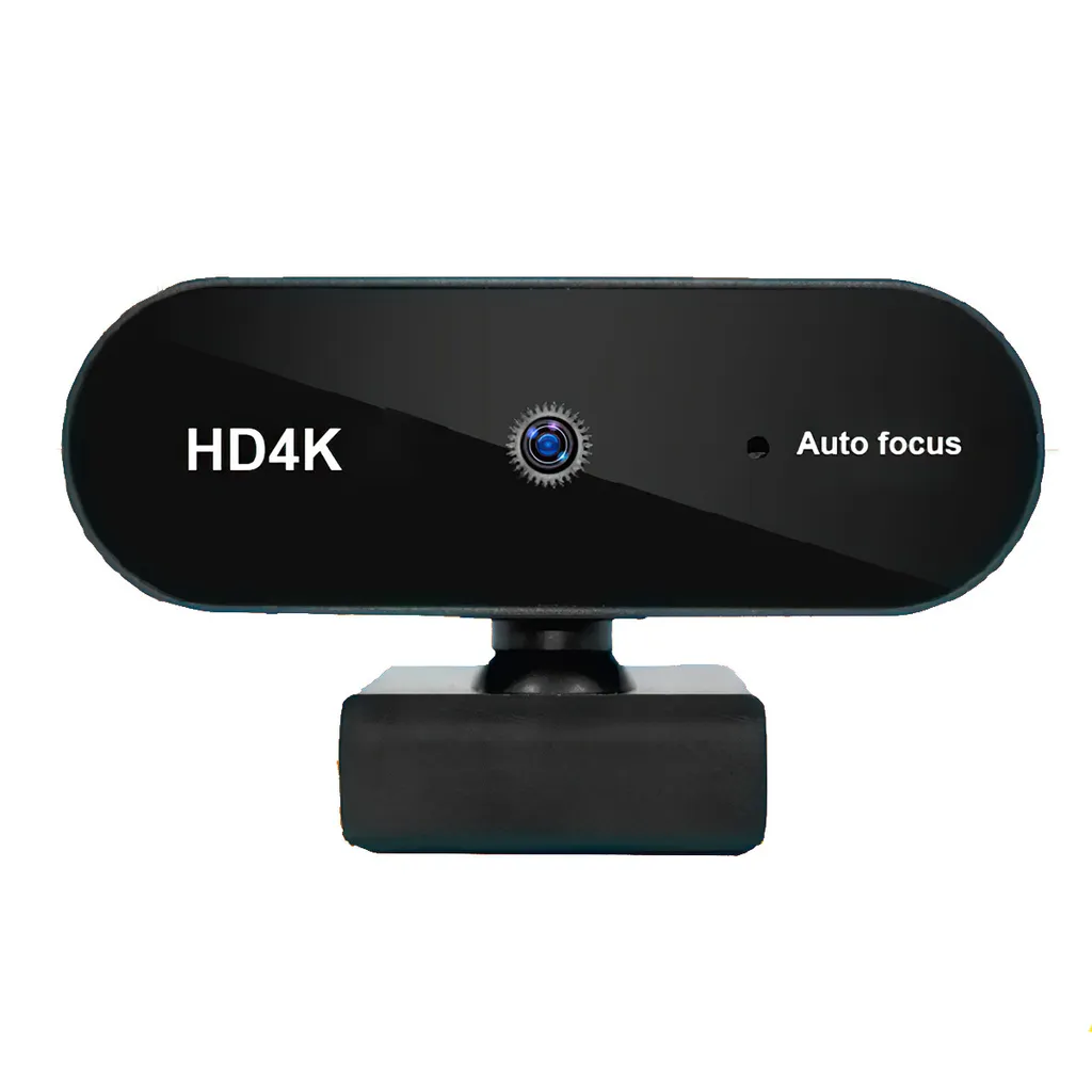Schwarze HD4K-Webcam mit Autofokus und blauem Objektivdetail auf weißem Grund.