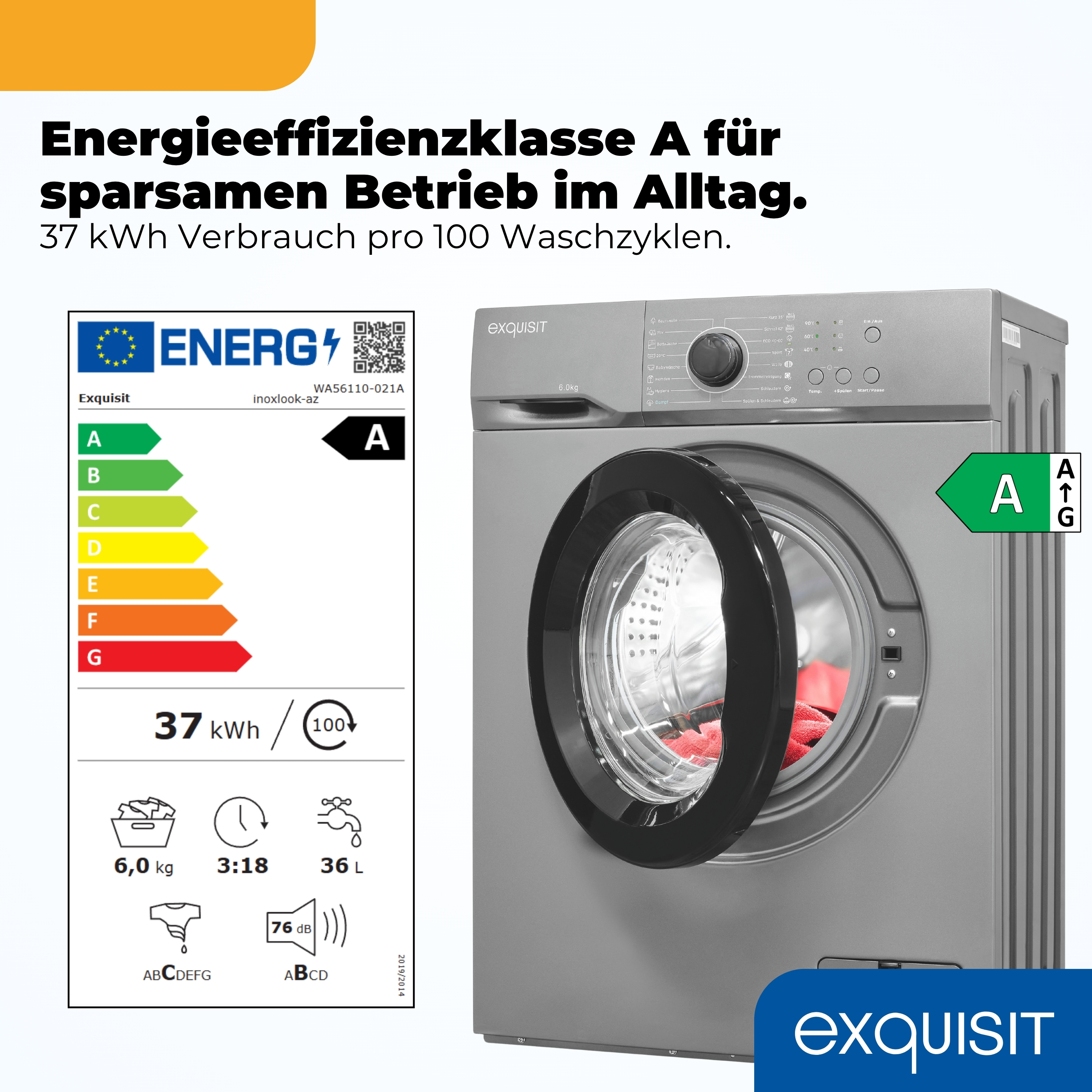 Graue Exquisit Waschmaschine mit offener Tür, Energieeffizienzklasse A.