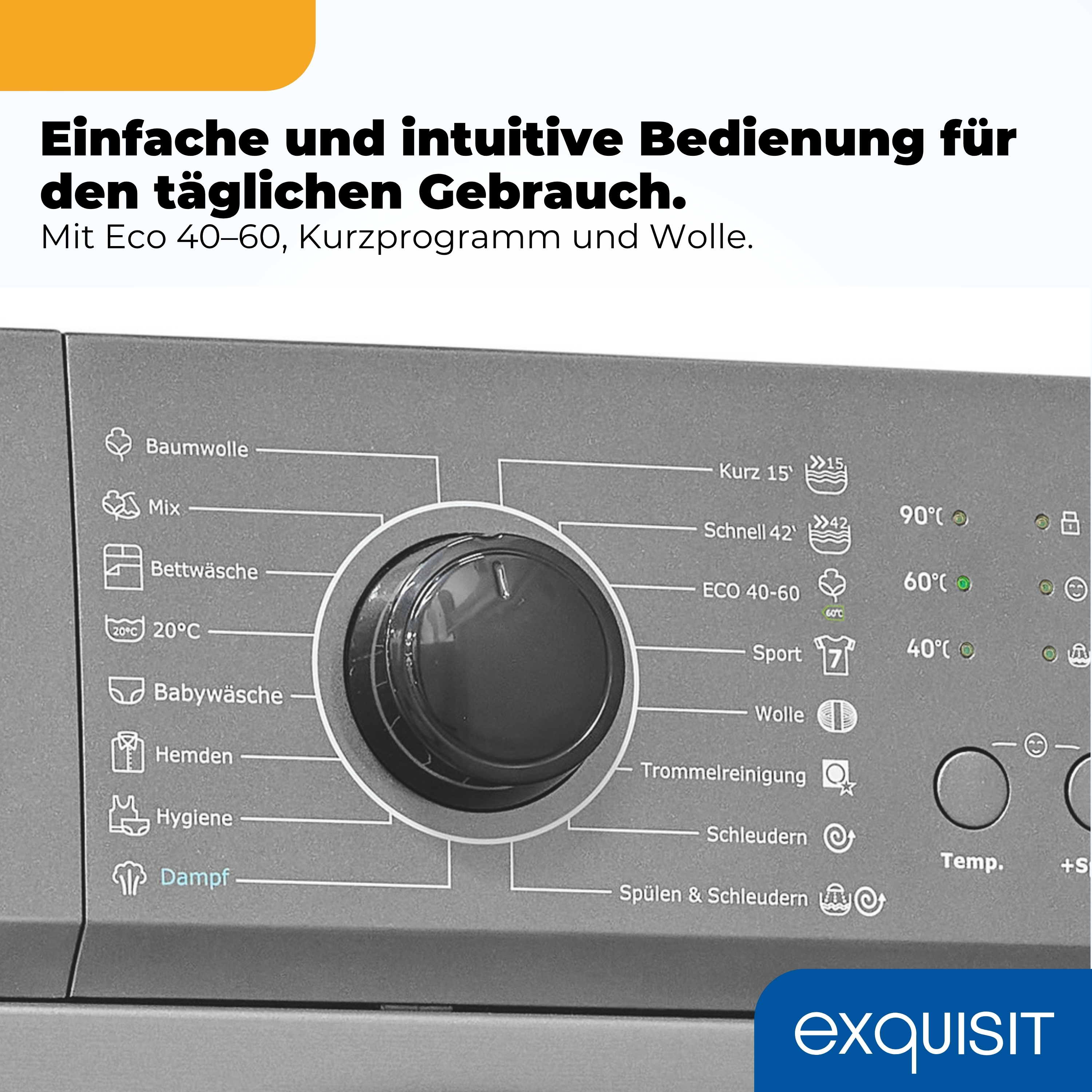 Bedienfeld einer Waschmaschine mit Programmauswahl wie Baumwolle, Mix, Bettwäsche.