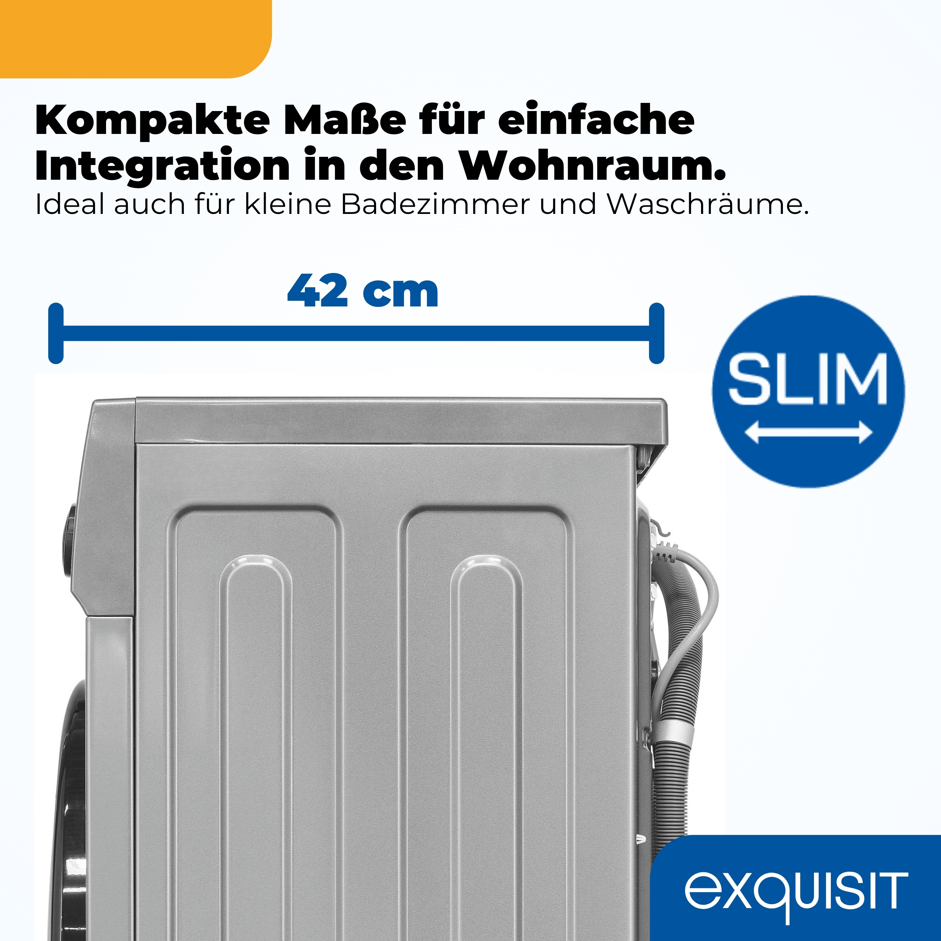 Graue Waschmaschine mit 42 cm Breite, ideal für kleine Räume.