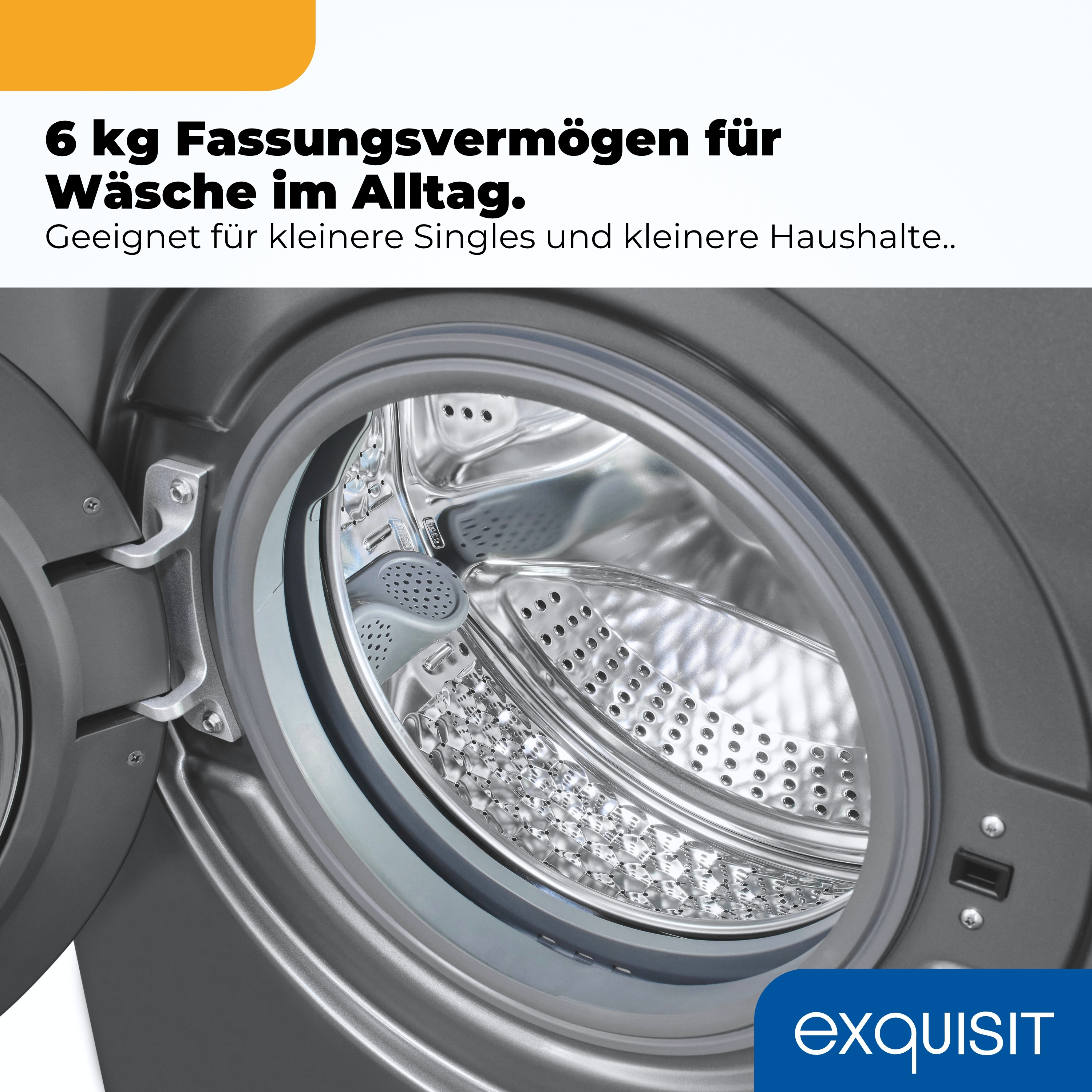 Detailansicht einer offenen Waschmaschine mit silberner Trommel.