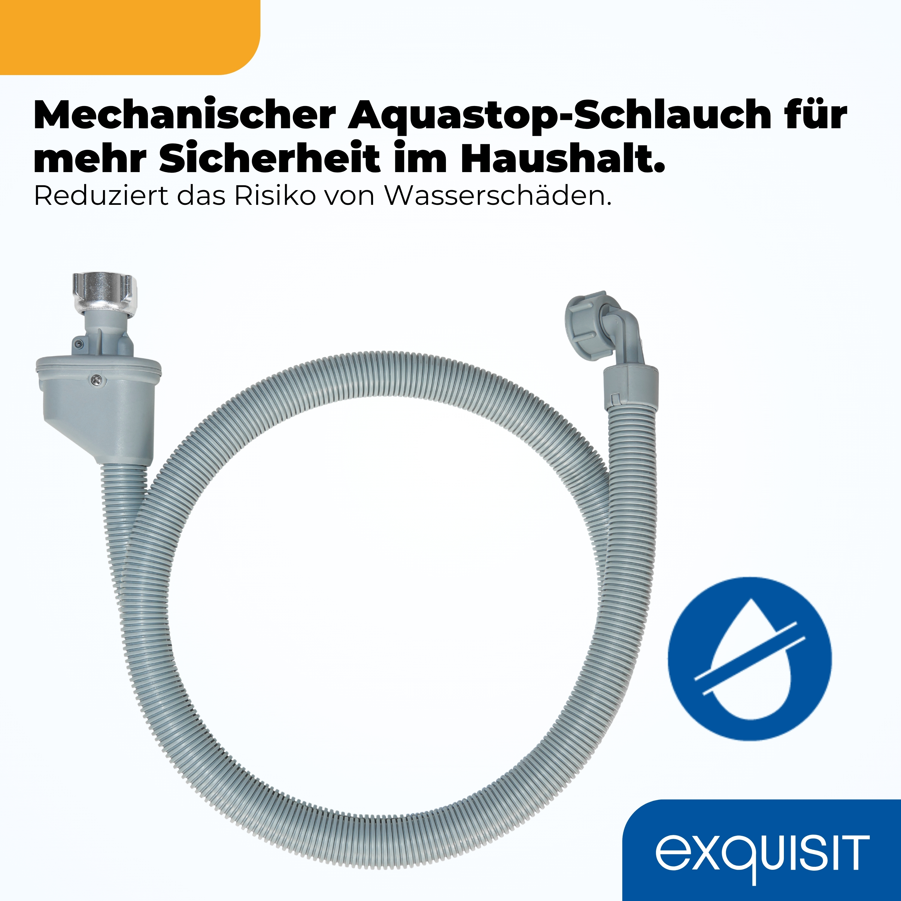 Grauer Aquastop-Schlauch mit Anschlüssen und blauem Wassertropfensymbol.