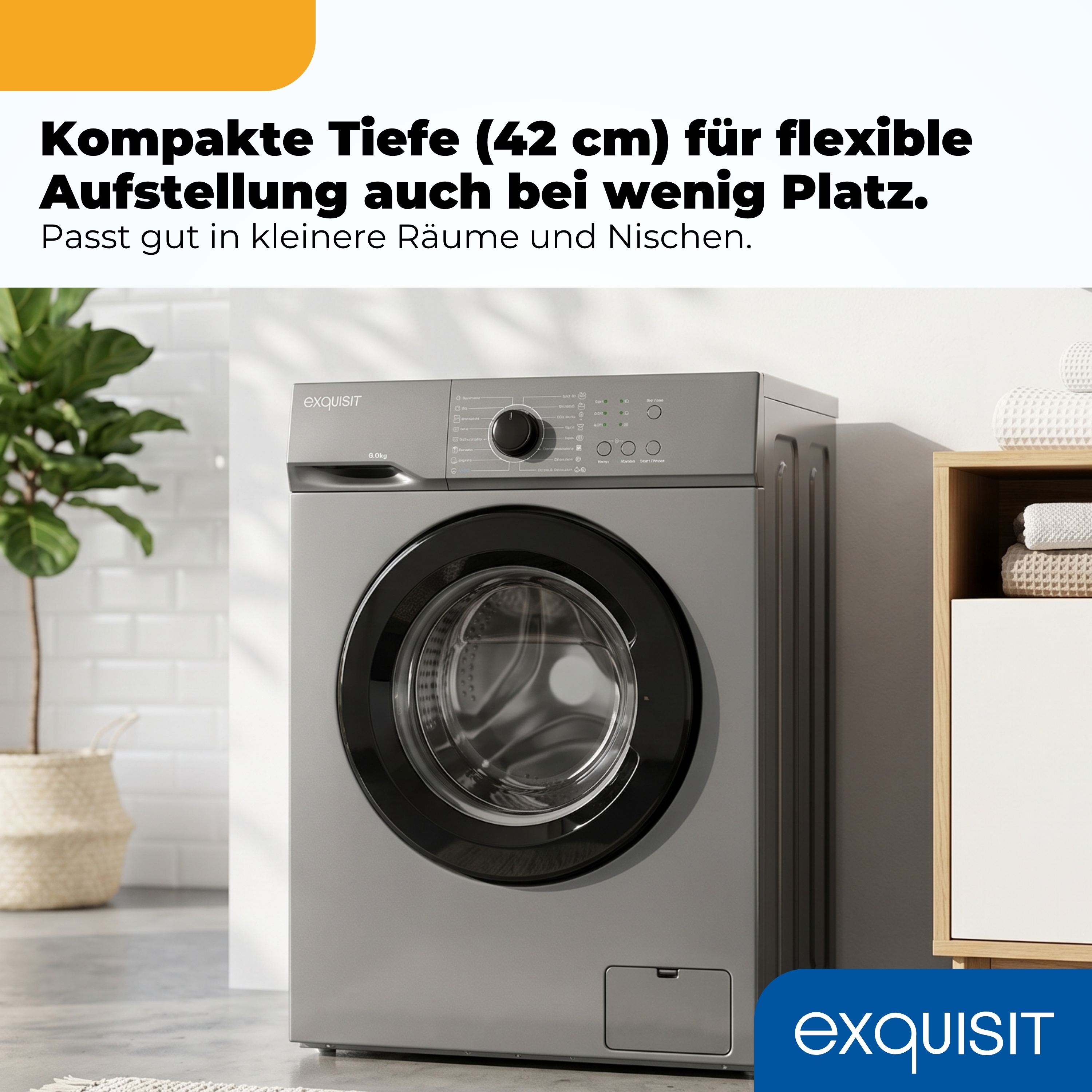 Eine graue Frontlader-Waschmaschine wird in einem modernen Raum gezeigt.