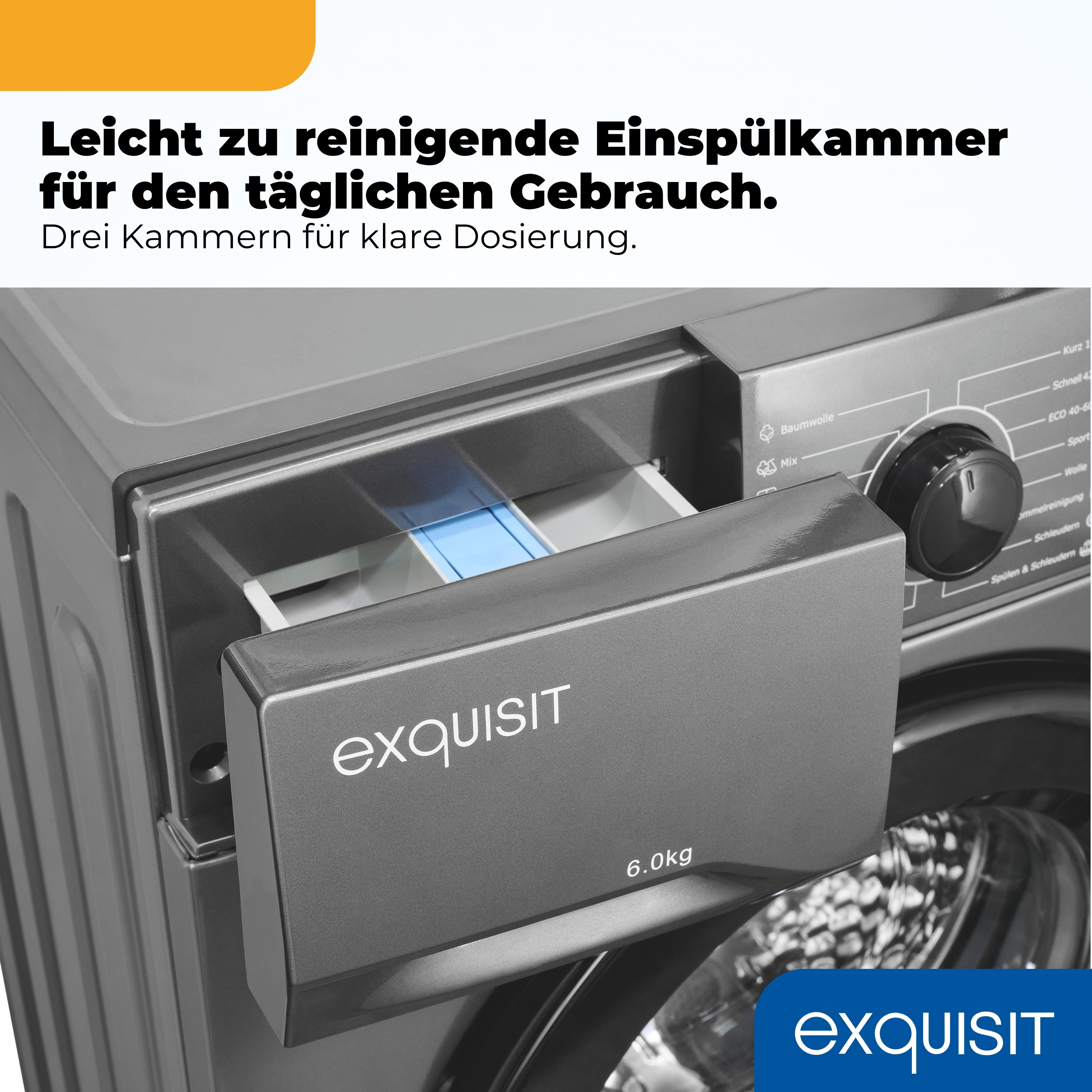 Eine Waschmaschine mit ausgefahrener Schublade für Waschmittel und einem Bedienfeld.