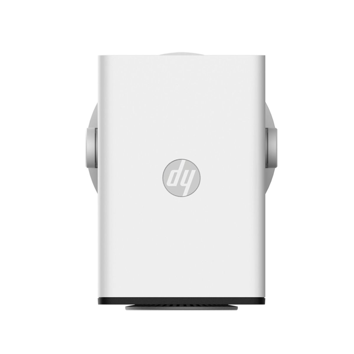 Ein weißer HP Mini-PC mit silbernen Seiten und einem HP-Logo.