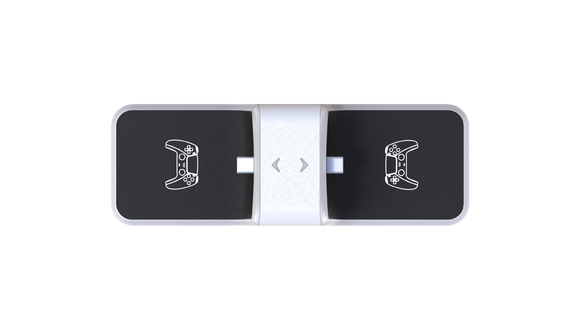 Ladestation für zwei Controller mit weißen Controller-Symbolen und USB-C-Anschlüssen.
