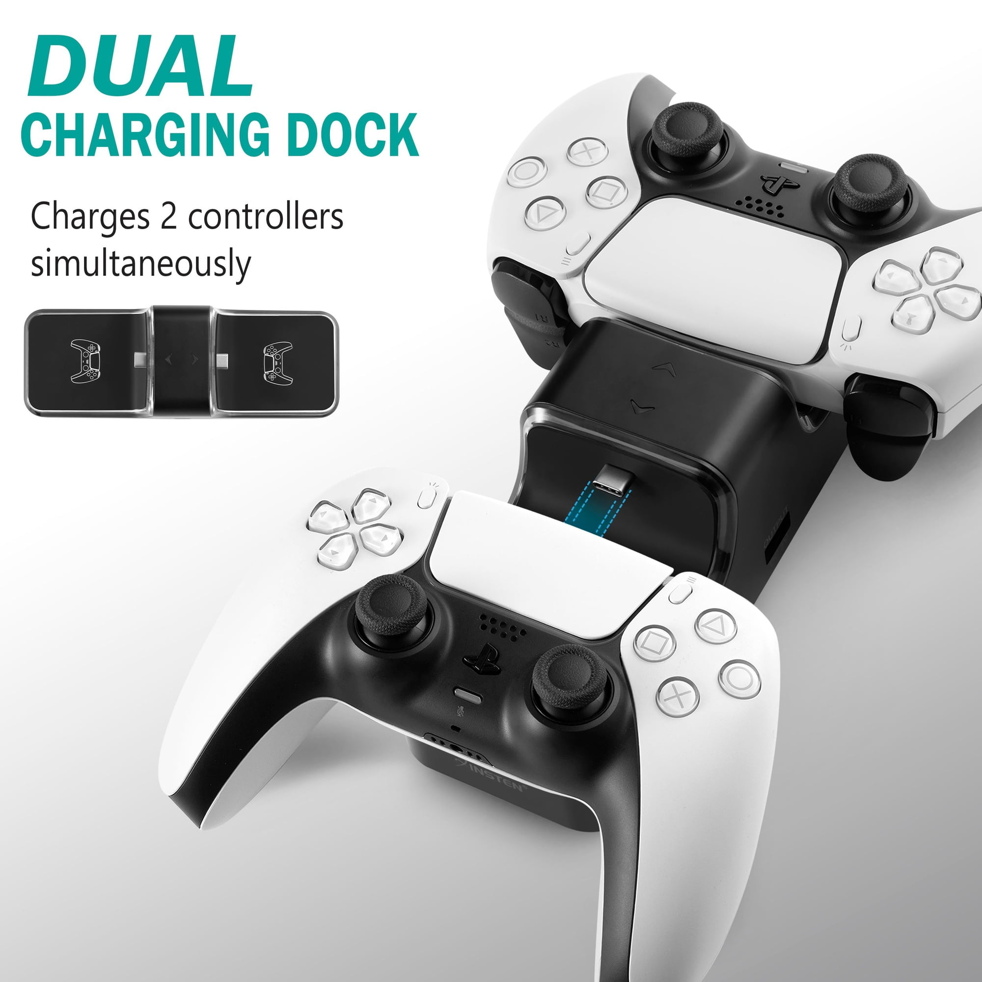 Doppelte Ladestation mit zwei weißen Controllern. Text: DUAL CHARGING DOCK