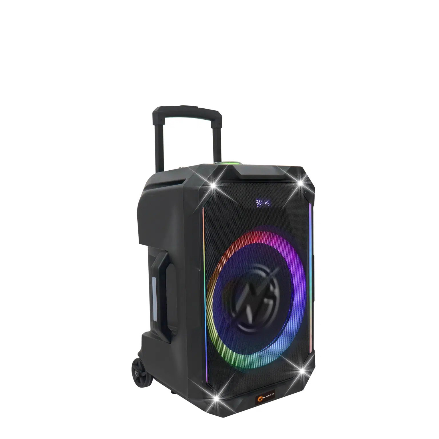 Schwarzer Rollkoffer-Lautsprecher mit farbiger LED-Beleuchtung und ausziehbarem Griff.