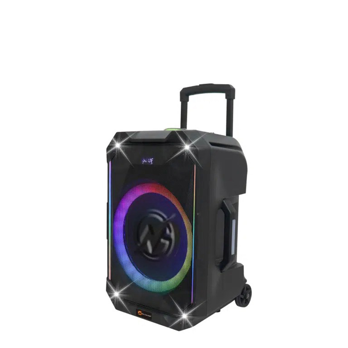 Ein schwarzer tragbarer Lautsprecher mit Rädern und ausziehbarem Griff, mit einem bunten LED-Lichtring.