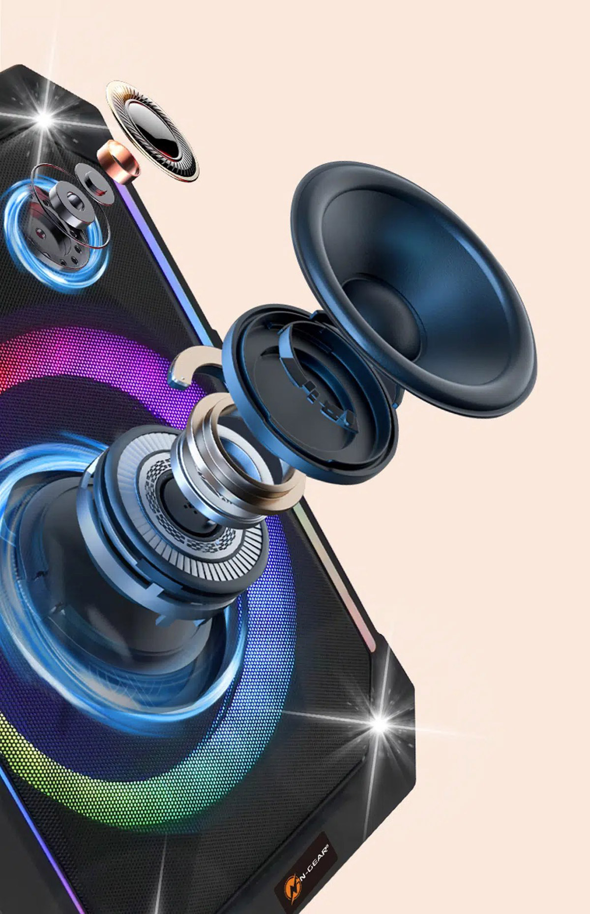Explodierte Ansicht eines Lautsprechers mit RGB-Beleuchtung und sichtbaren Komponenten.