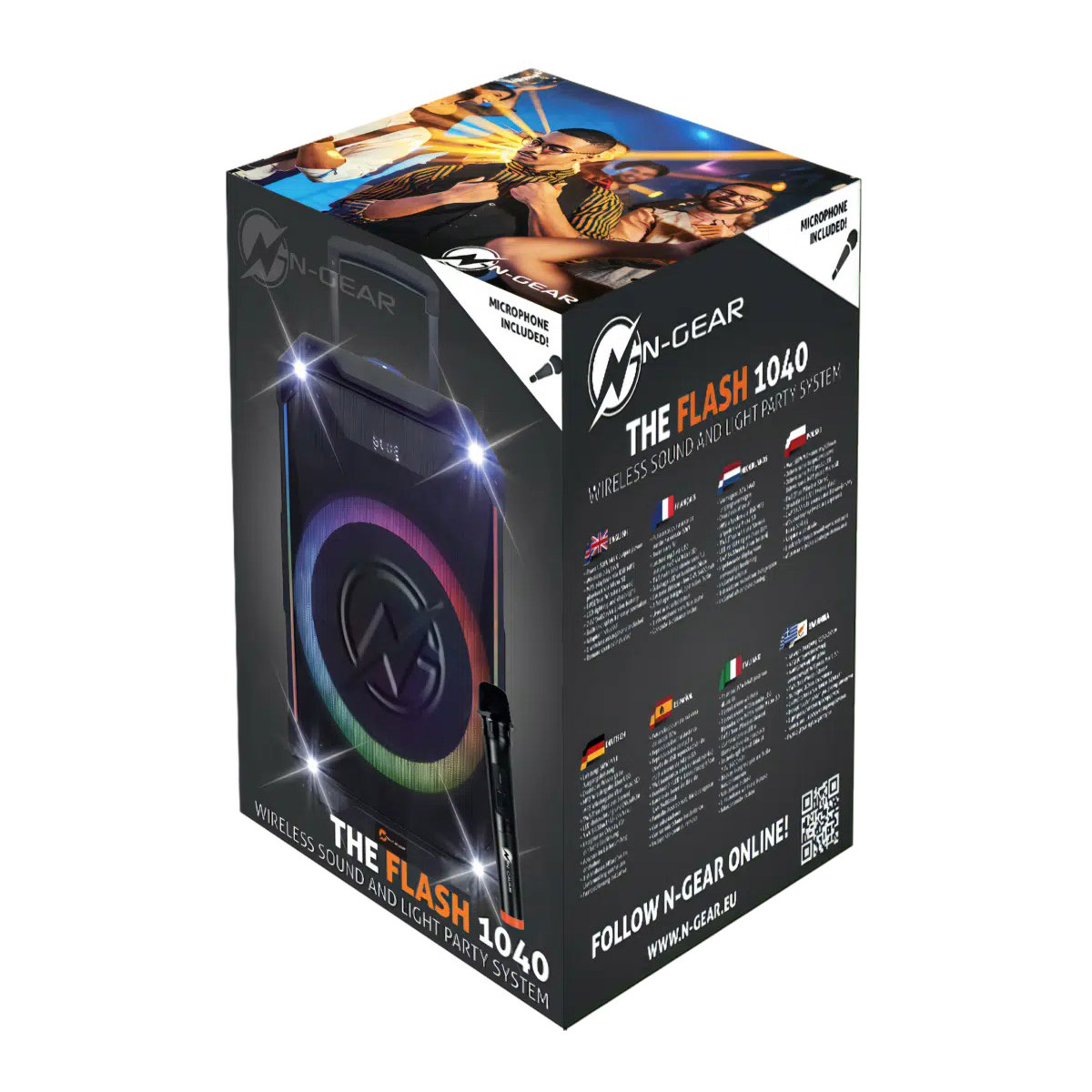Verpackung für ein N-Gear Flash 1040 Party Soundsystem mit Mikrofon.