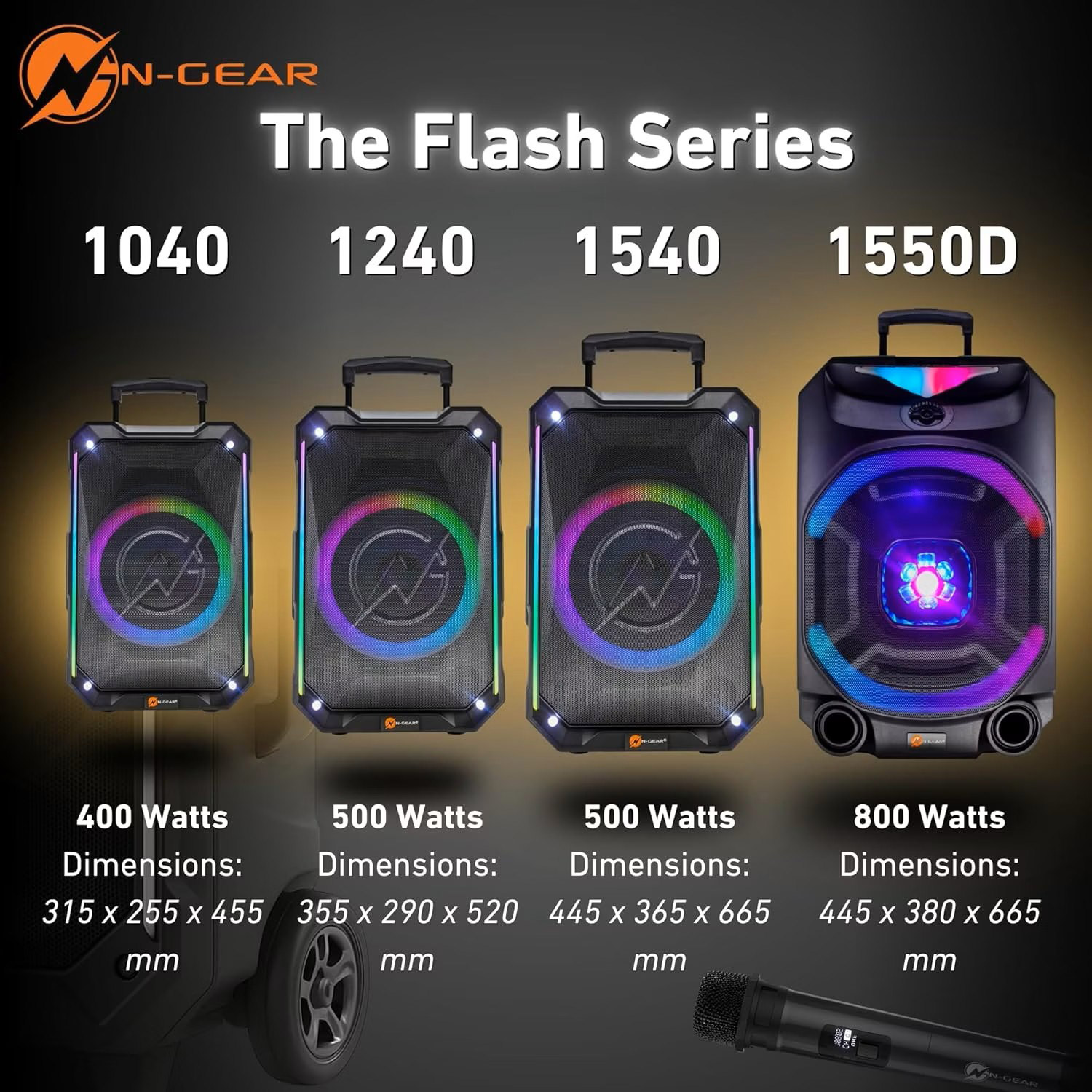 Vier N-Gear Lautsprecher der Flash Serie, mit Lichtern und Mikrofon.