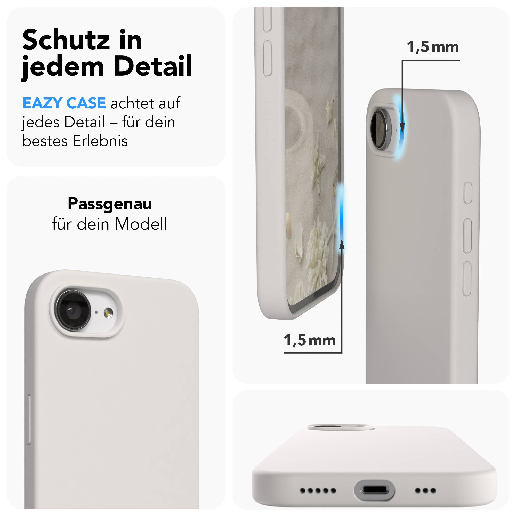 Weiße Handyhülle mit Fokus auf Details, 1,5mm Dicke und Aussparungen.