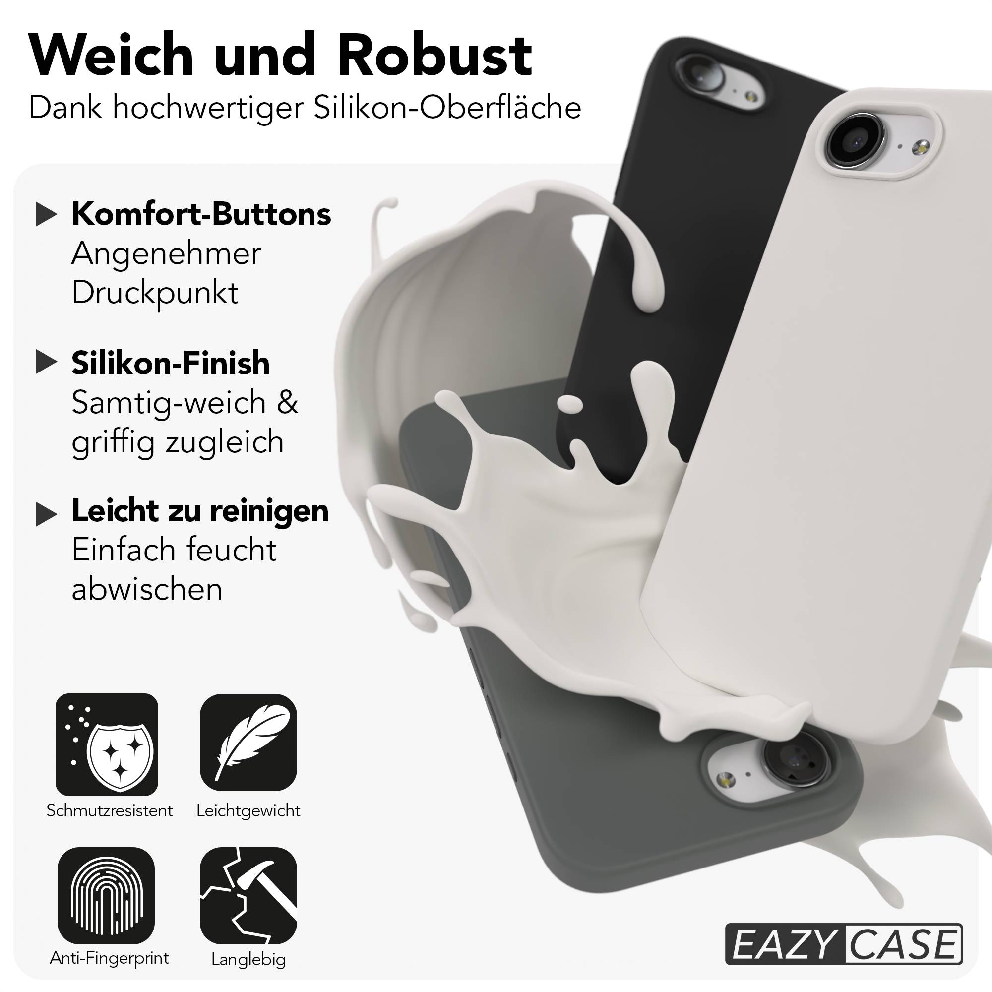 Weiche und robuste Silikonhüllen für Smartphones, umgeben von weißer Flüssigkeit.