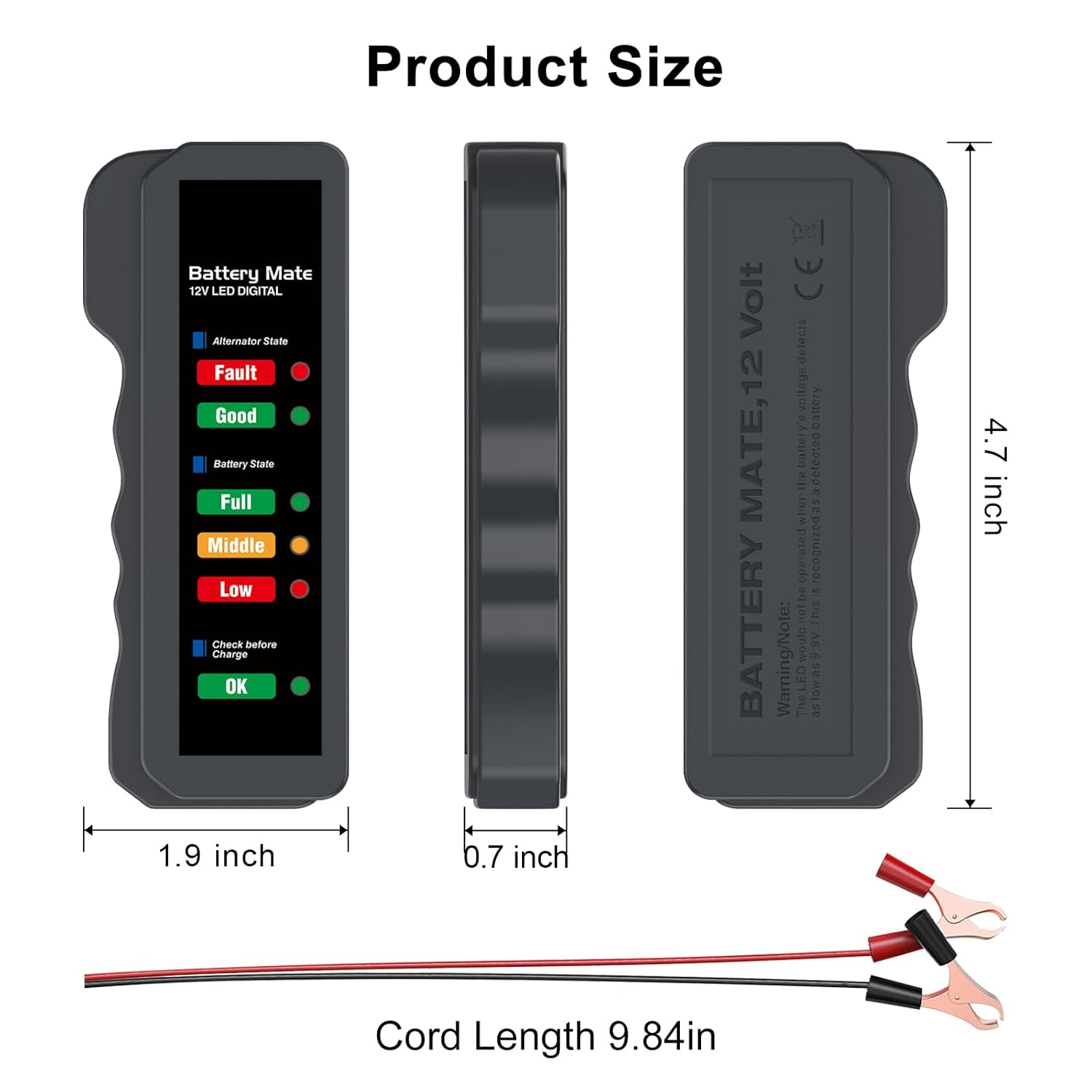 Battery Mate 12V LED Digitaltester mit Abmessungen: 1,9" B, 0,7" T, 4,7" H. Inkl. Kabellänge 9,84 Zoll.