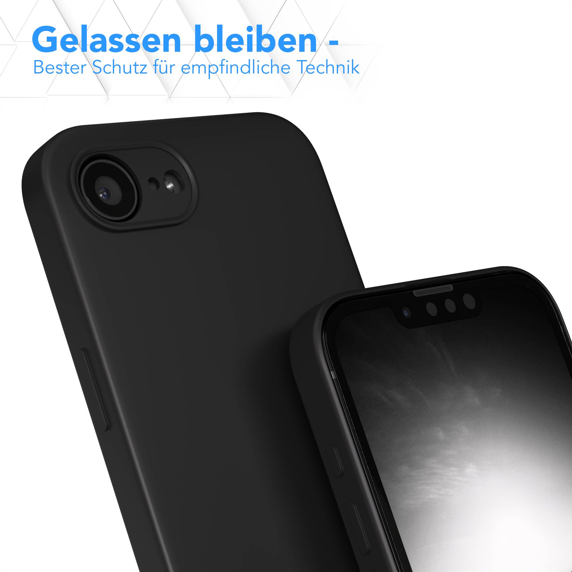 Schwarze Handyhülle mit Kameraausschnitt und einem Smartphone daneben.