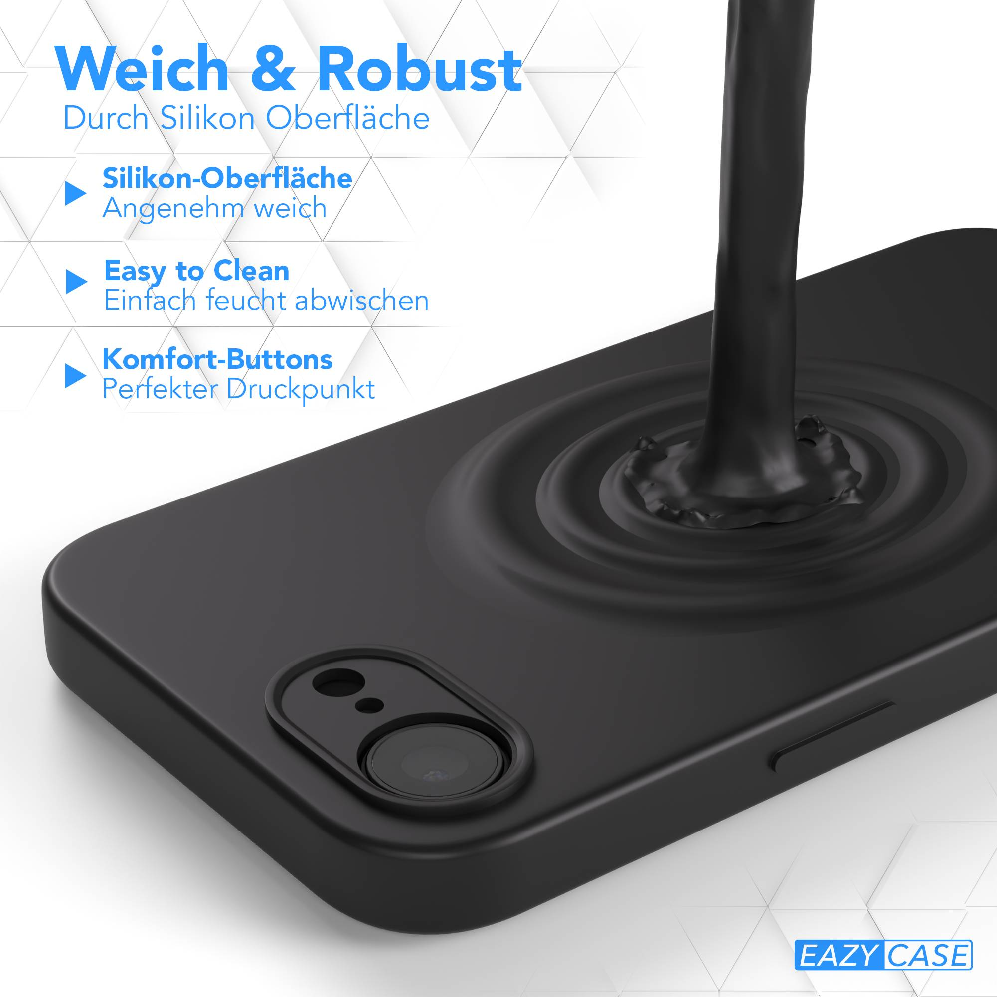 Schwarzes Smartphone mit Silikonhülle, die vor Flüssigkeit schützt.