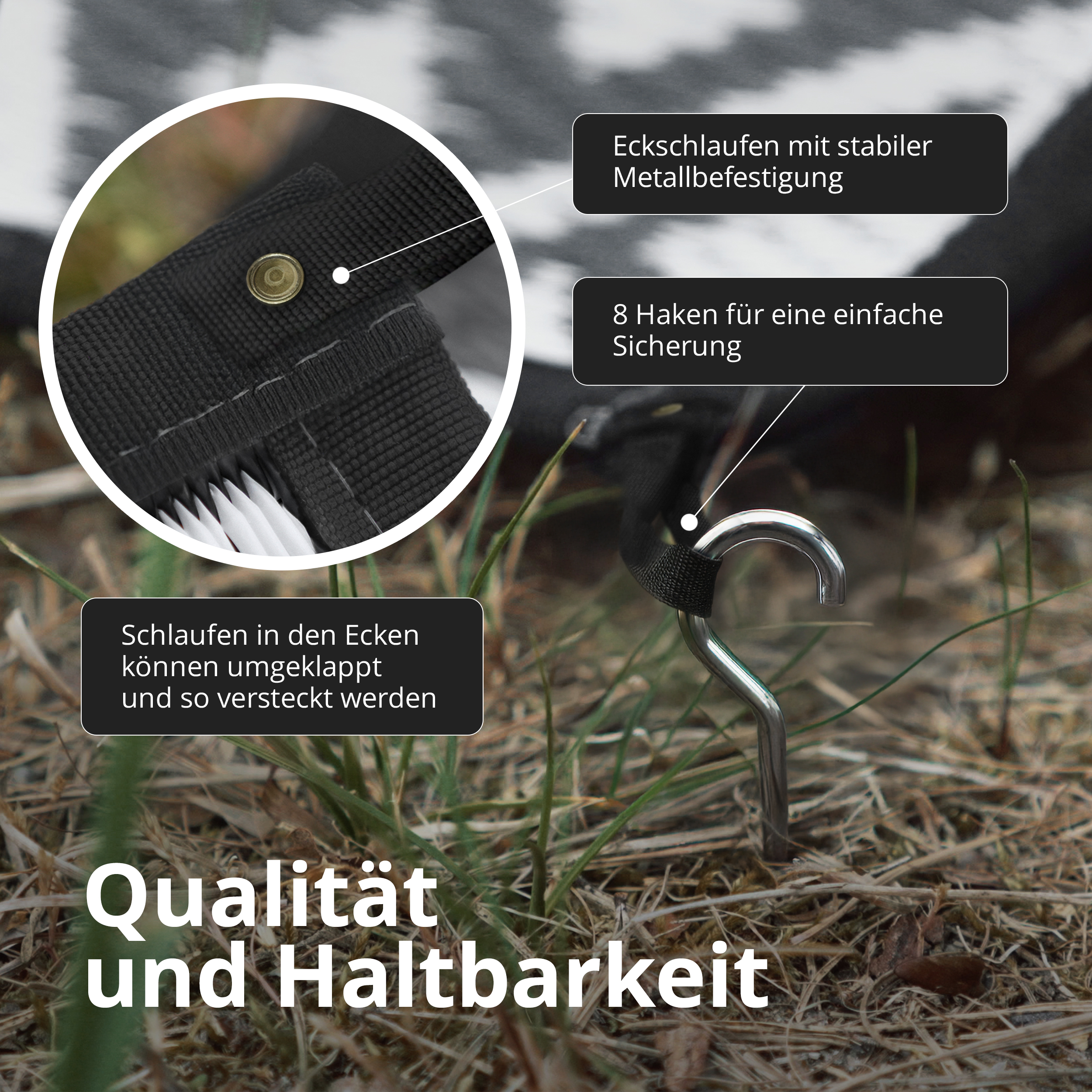 Nahaufnahme einer robusten Picknickdecke mit Eckschlaufen, Haken und Text 'Qualität und Haltbarkeit'.